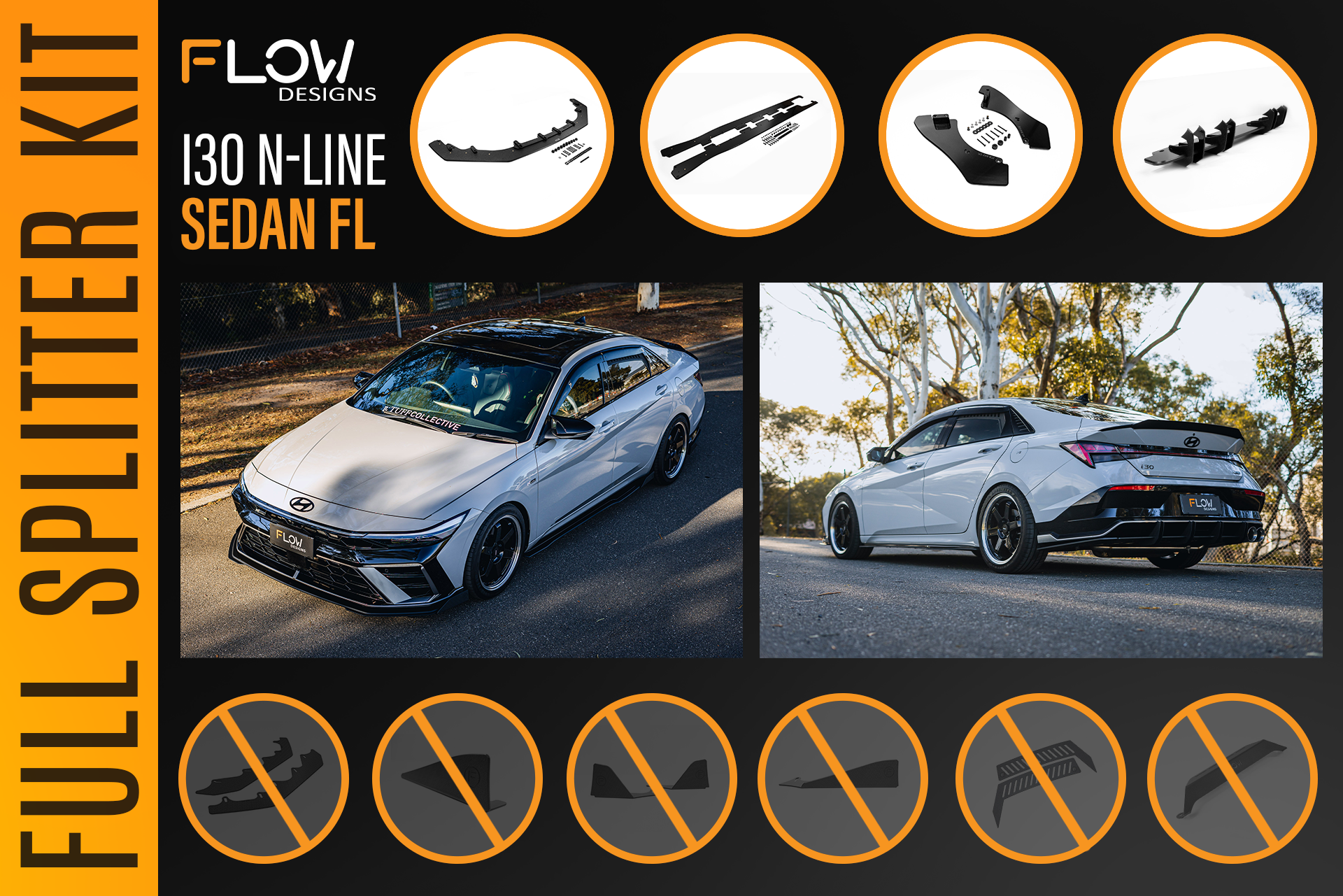 Flow Designs Hyundai CN7 V2 i30 N-Line Sedan FL 2025+ - Full Lip Splitter Set - iilumolab