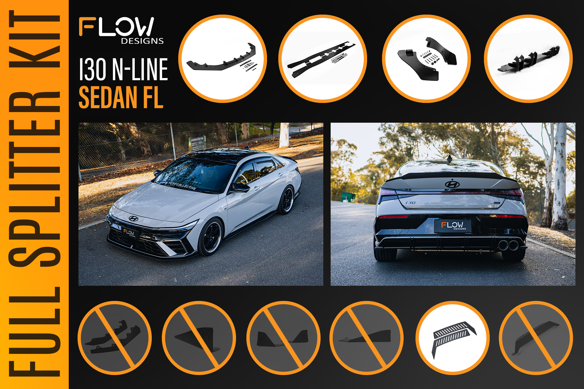 Flow Designs Hyundai CN7 V2 i30 N-Line Sedan FL 2025+ - Full Lip Splitter Set - iilumolab