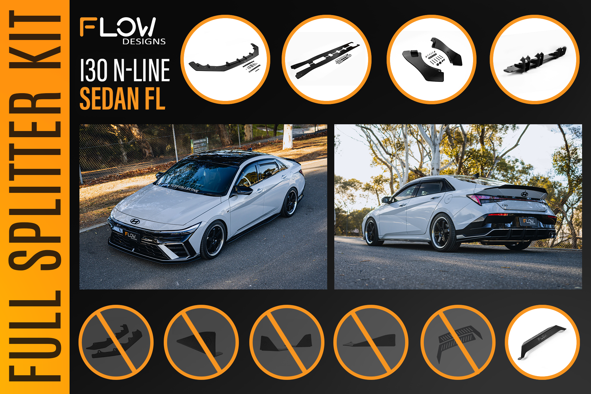 Flow Designs Hyundai CN7 V2 i30 N-Line Sedan FL 2025+ - Full Lip Splitter Set - iilumolab