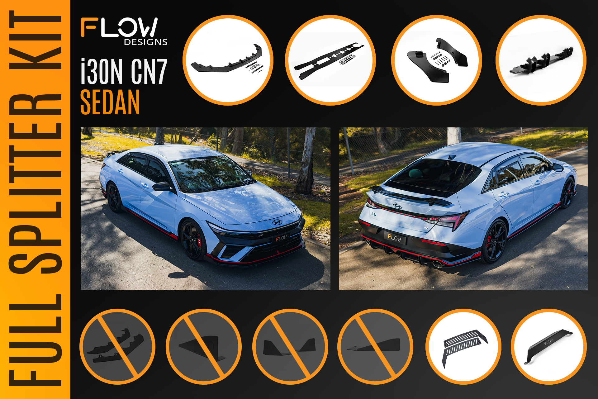 Flow Designs CN7 V2 Elantra N Sedan Facelift V2 - 2024+ Full Lip Splitter Set - iilumolab