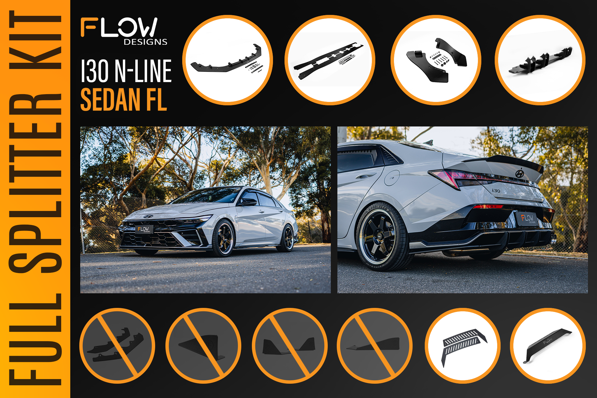 Flow Designs Hyundai CN7 V2 i30 N-Line Sedan FL 2025+ - Full Lip Splitter Set - iilumolab