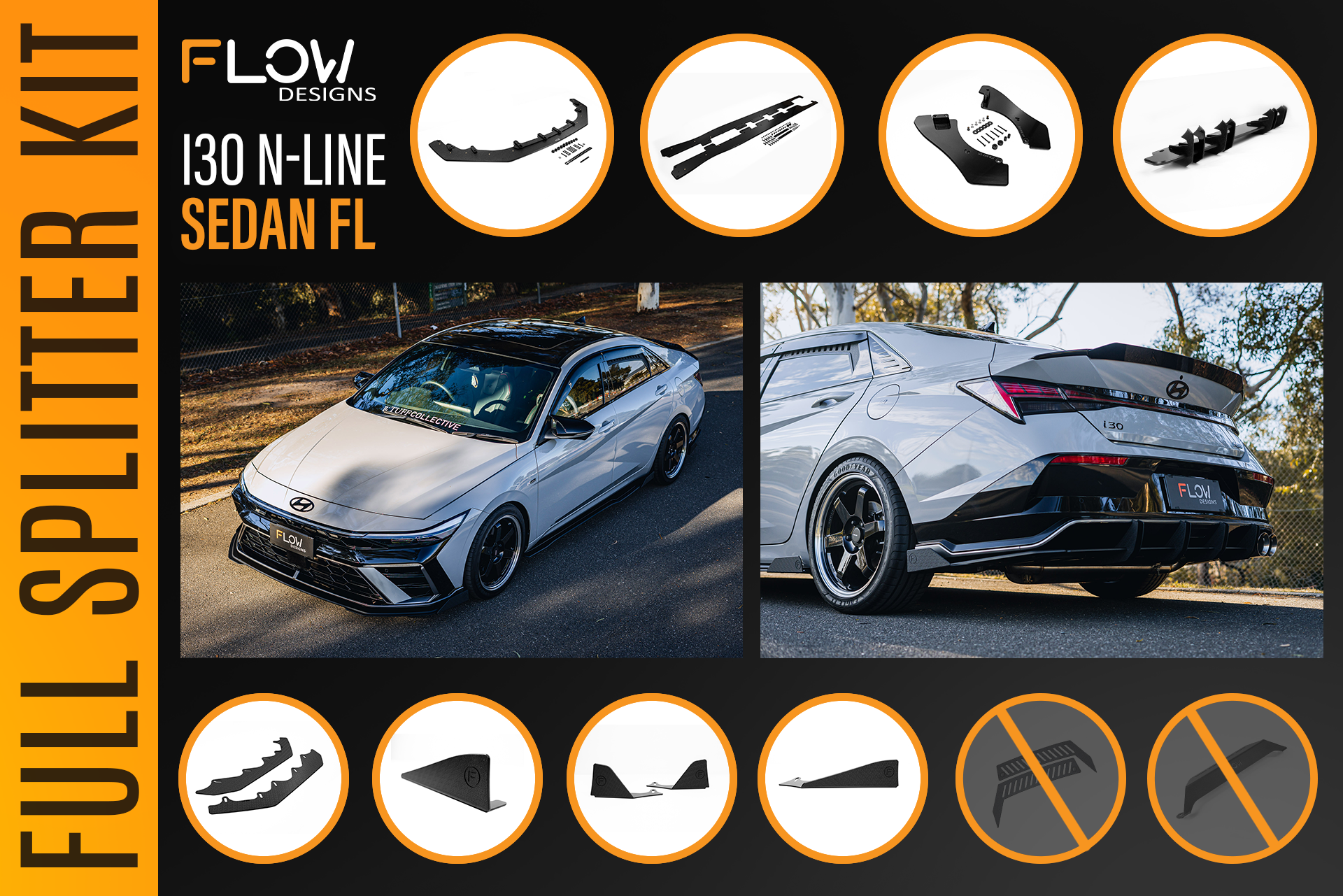Flow Designs Hyundai CN7 V2 i30 N-Line Sedan FL 2025+ - Full Lip Splitter Set - iilumolab