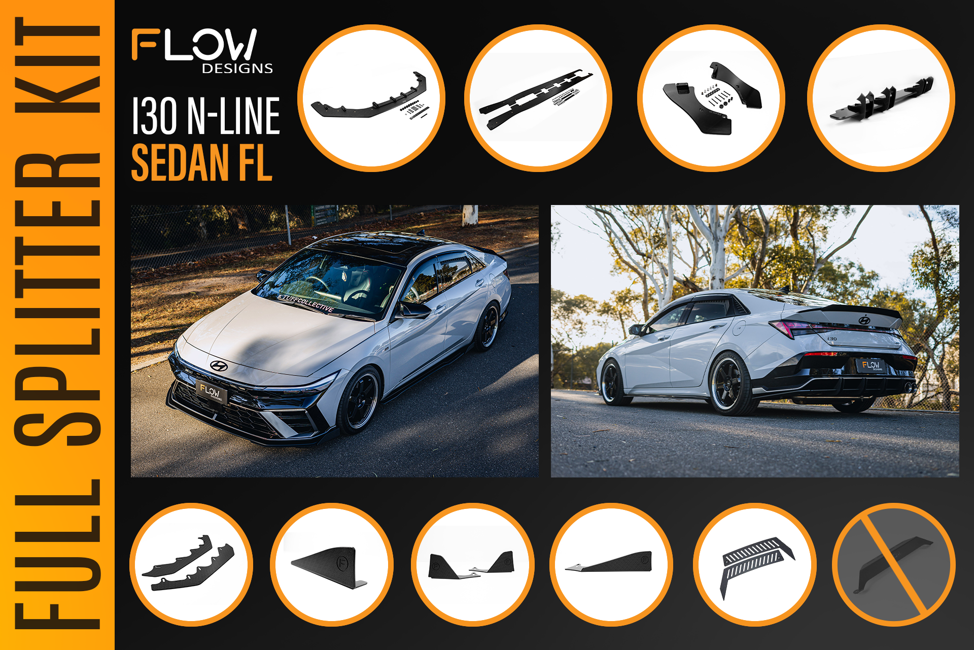 Flow Designs Hyundai CN7 V2 i30 N-Line Sedan FL 2025+ - Full Lip Splitter Set - iilumolab