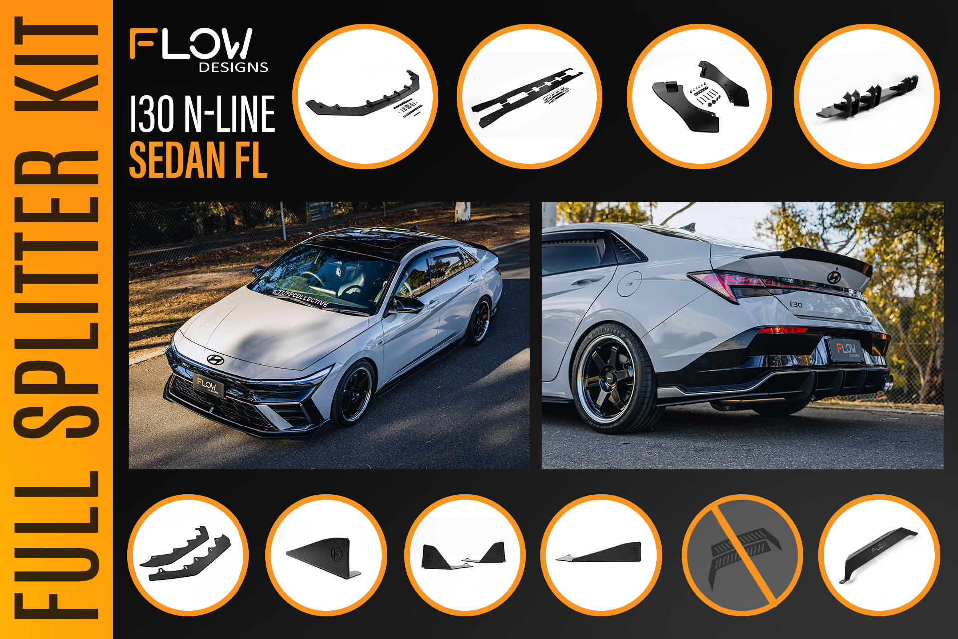 Flow Designs Hyundai CN7 V2 i30 N-Line Sedan FL 2025+ - Full Lip Splitter Set - iilumolab