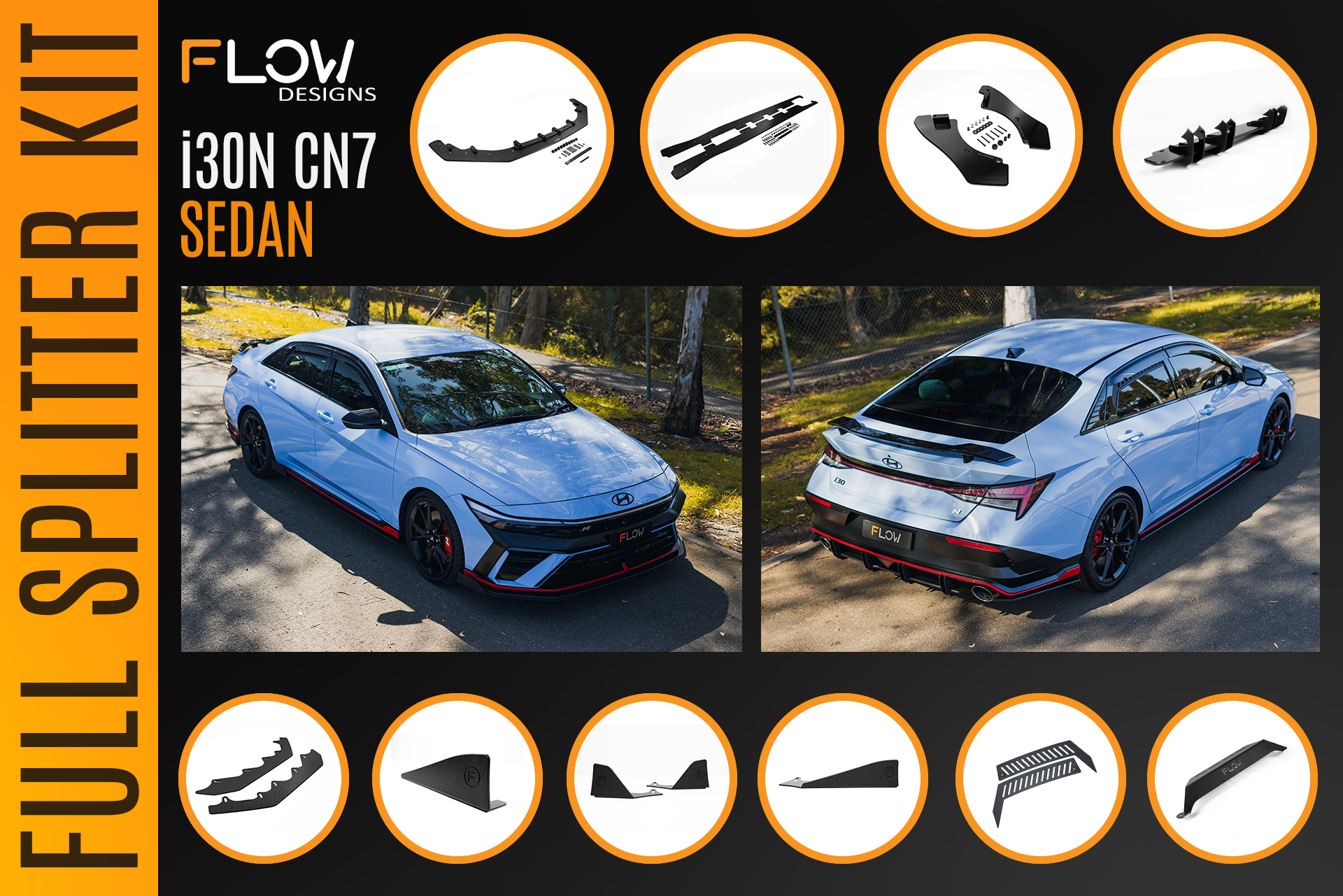 Flow Designs CN7 V2 Elantra N Sedan Facelift V2 - 2024+ Full Lip Splitter Set - iilumolab