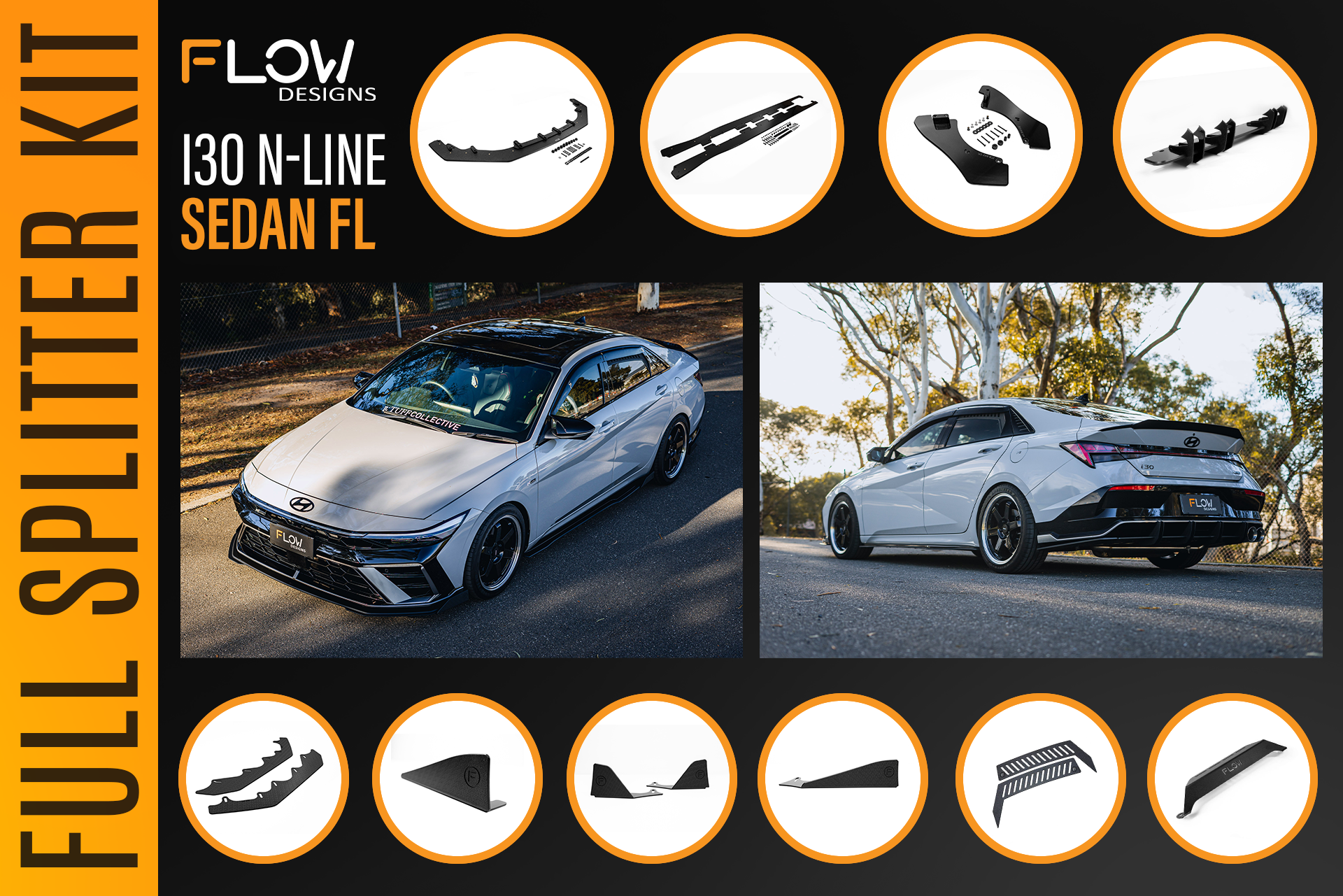 Flow Designs Hyundai CN7 V2 i30 N-Line Sedan FL 2025+ - Full Lip Splitter Set - iilumolab