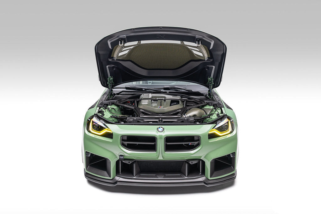 Alpha-N G87 M2 Carbon Vented Hood installed on car, showing sporty exterior design and vented hood features.