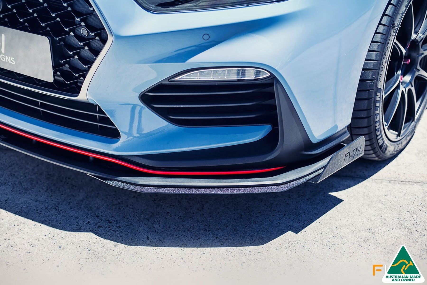 Flow Designs RETURNED STOCK - i30N Hatch PD (2018-2020) Front Lip Splitter & Reinforcement Brackets - GLOSS BLACK - iilumolab
