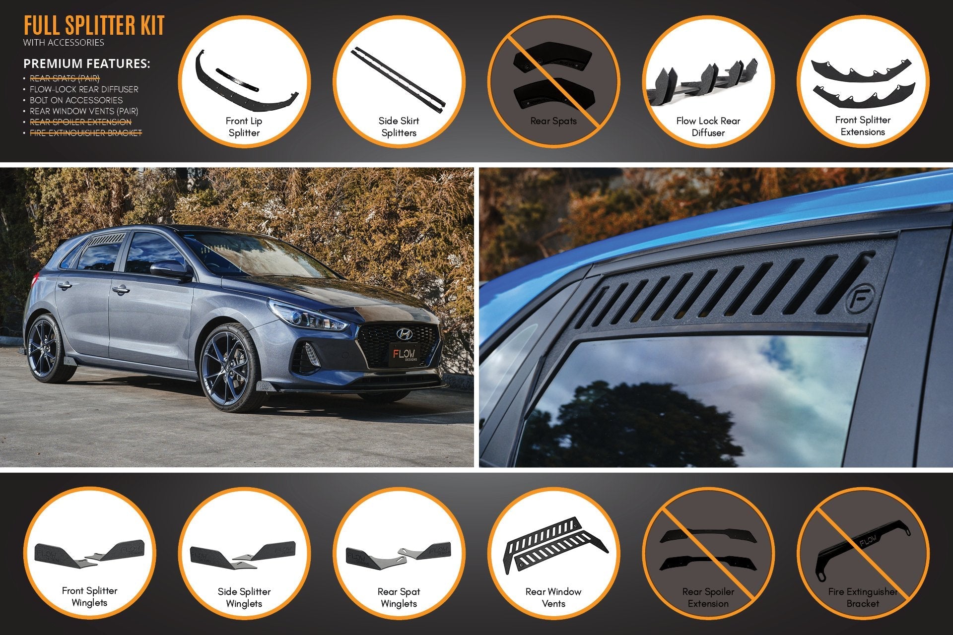 Flow Designs i30 Hatch PD1, PD2 2018-2020 Full Lip Splitter Set with Flow-Lock Rear Diffuser - iilumolab