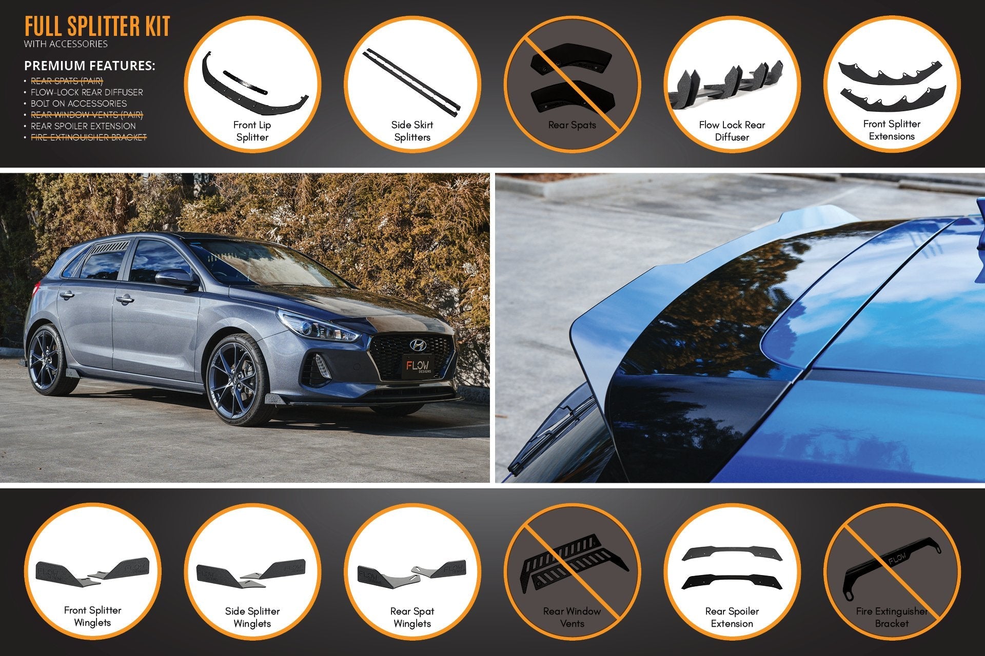 Flow Designs i30 Hatch PD1, PD2 2018-2020 Full Lip Splitter Set with Flow-Lock Rear Diffuser - iilumolab
