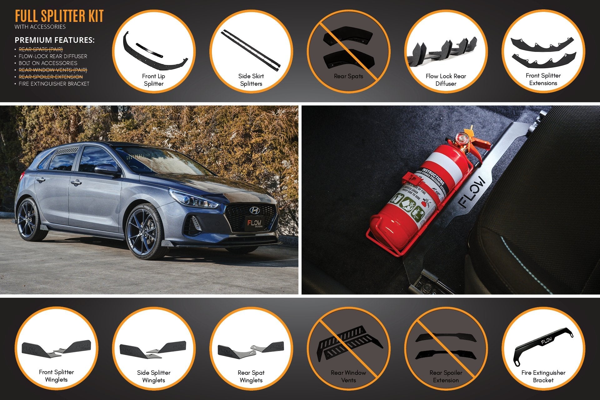 Flow Designs i30 Hatch PD1, PD2 2018-2020 Full Lip Splitter Set with Flow-Lock Rear Diffuser - iilumolab