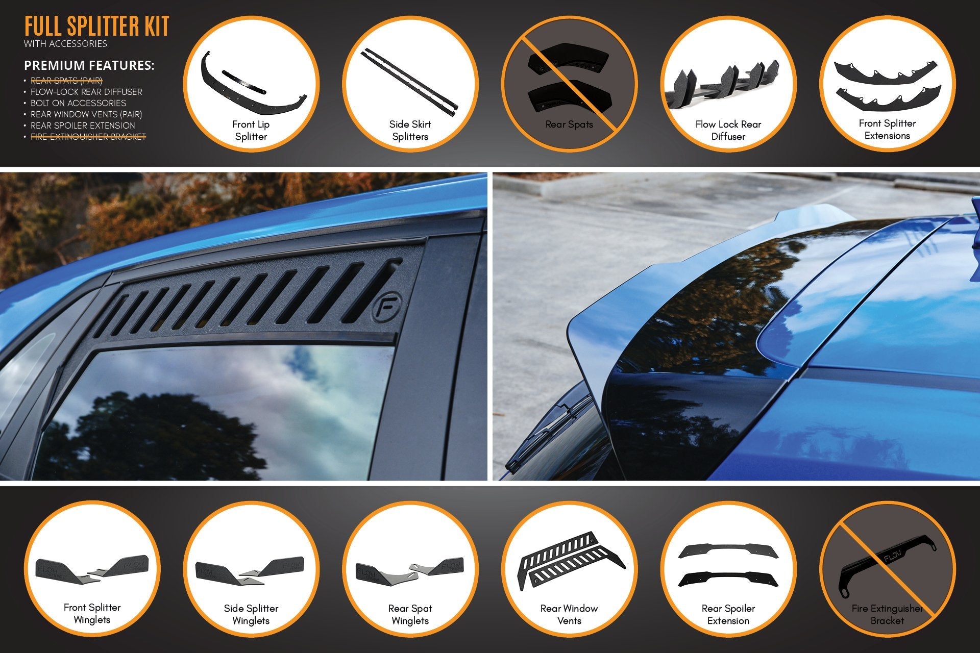 Flow Designs i30 Hatch PD1, PD2 2018-2020 Full Lip Splitter Set with Flow-Lock Rear Diffuser - iilumolab