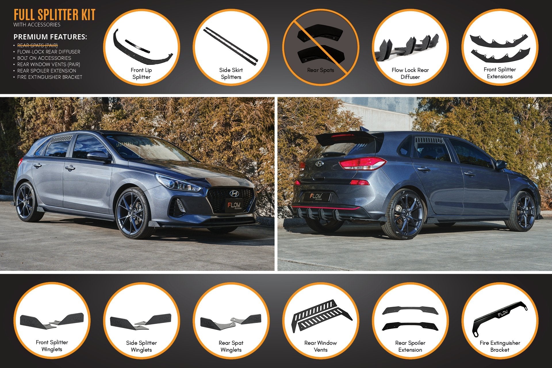 Flow Designs i30 Hatch PD1, PD2 2018-2020 Full Lip Splitter Set with Flow-Lock Rear Diffuser - iilumolab