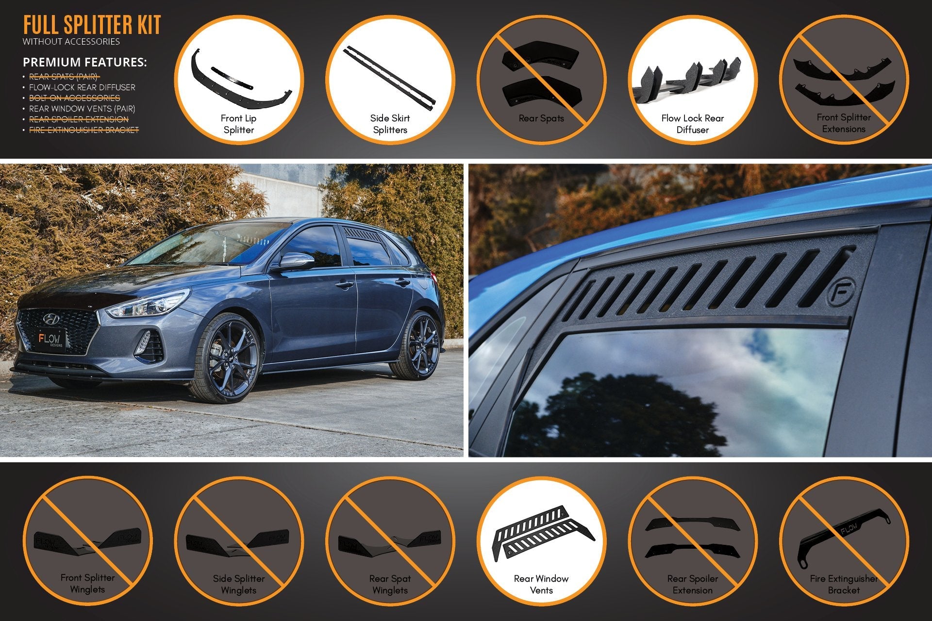 Flow Designs i30 Hatch PD1, PD2 2018-2020 Full Lip Splitter Set with Flow-Lock Rear Diffuser - iilumolab