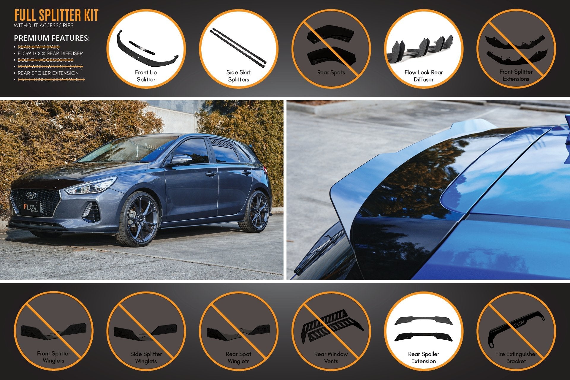Flow Designs i30 Hatch PD1, PD2 2018-2020 Full Lip Splitter Set with Flow-Lock Rear Diffuser - iilumolab