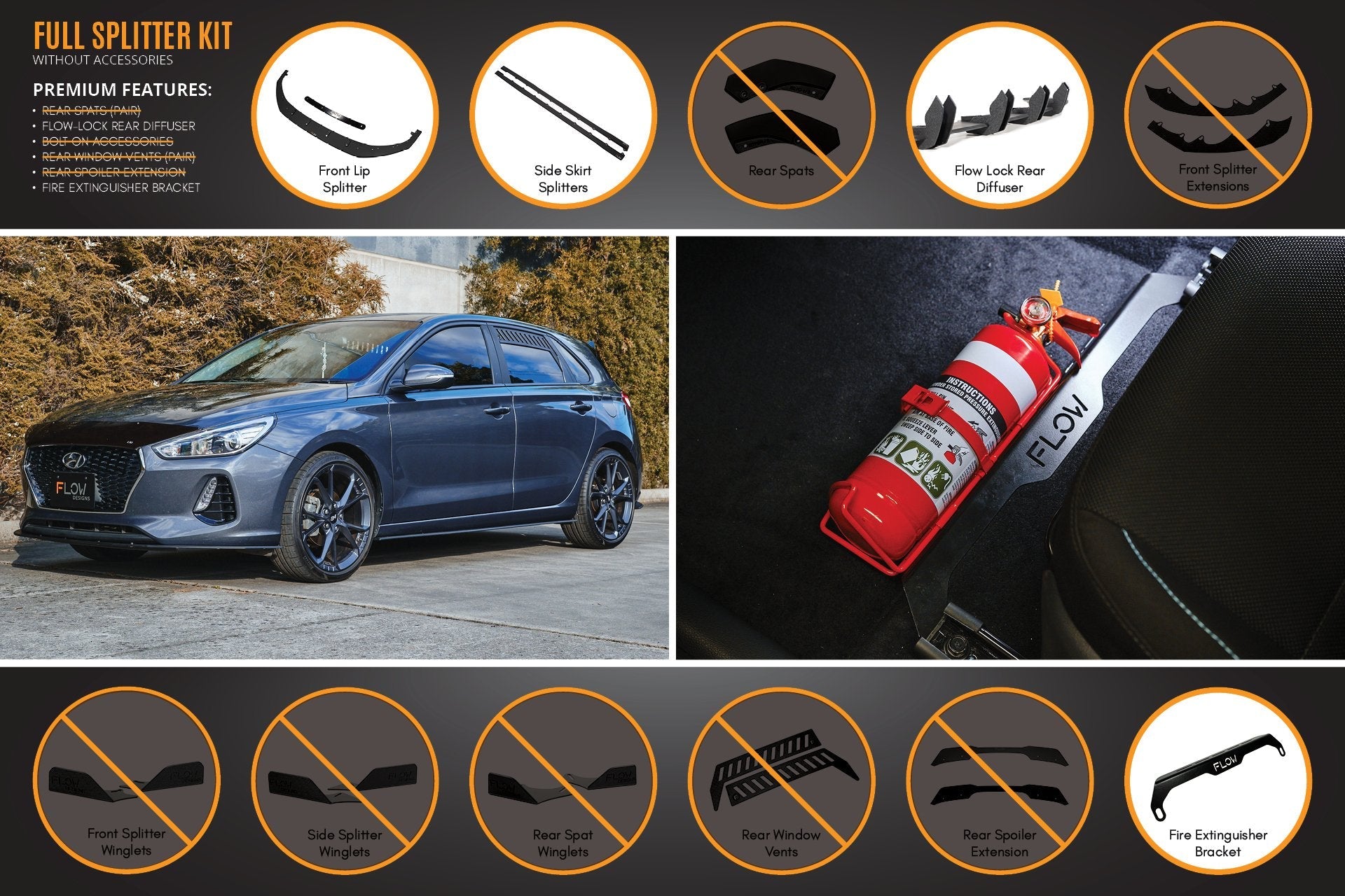 Flow Designs i30 Hatch PD1, PD2 2018-2020 Full Lip Splitter Set with Flow-Lock Rear Diffuser - iilumolab