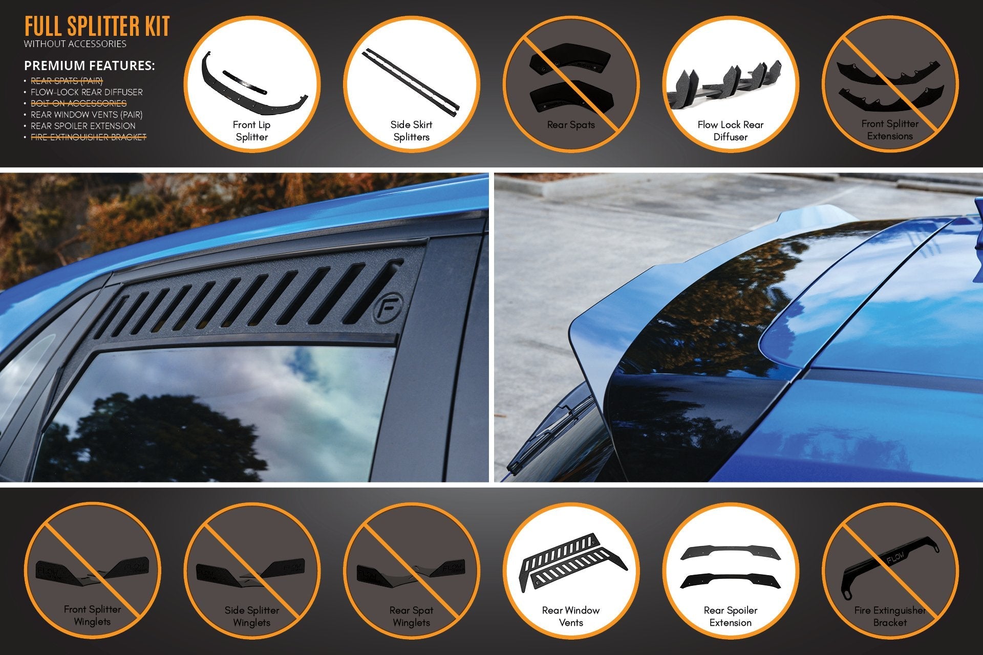 Flow Designs i30 Hatch PD1, PD2 2018-2020 Full Lip Splitter Set with Flow-Lock Rear Diffuser - iilumolab