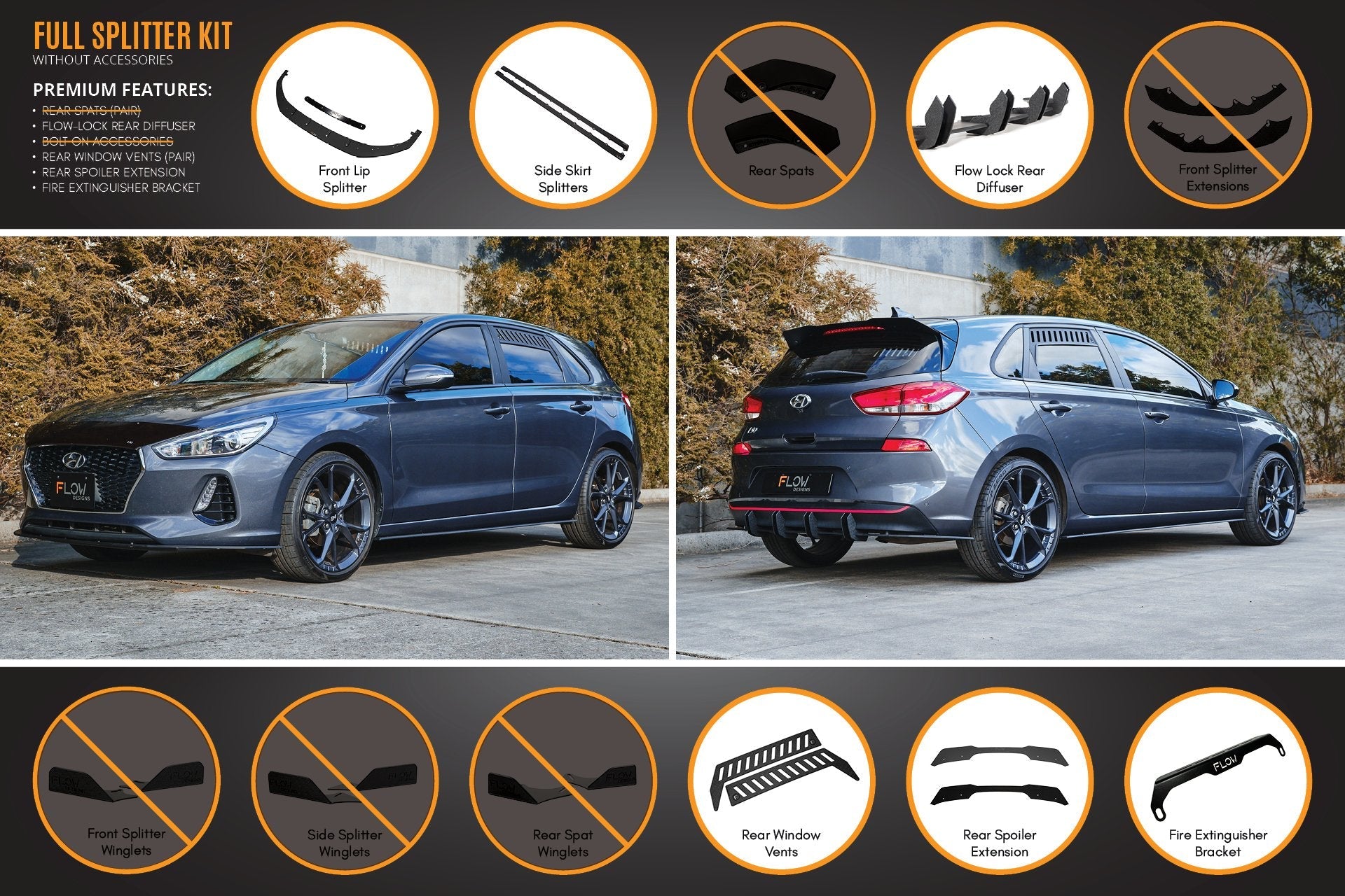 Flow Designs i30 Hatch PD1, PD2 2018-2020 Full Lip Splitter Set with Flow-Lock Rear Diffuser - iilumolab