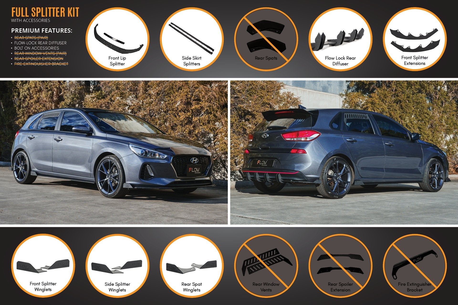 Flow Designs i30 Hatch PD1, PD2 2018-2020 Full Lip Splitter Set with Flow-Lock Rear Diffuser - iilumolab