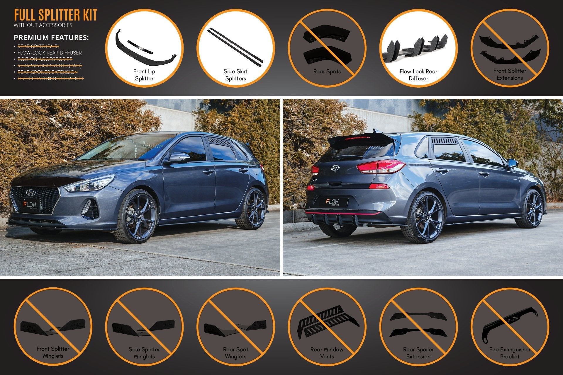 Flow Designs i30 Hatch PD1, PD2 2018-2020 Full Lip Splitter Set with Flow-Lock Rear Diffuser - iilumolab