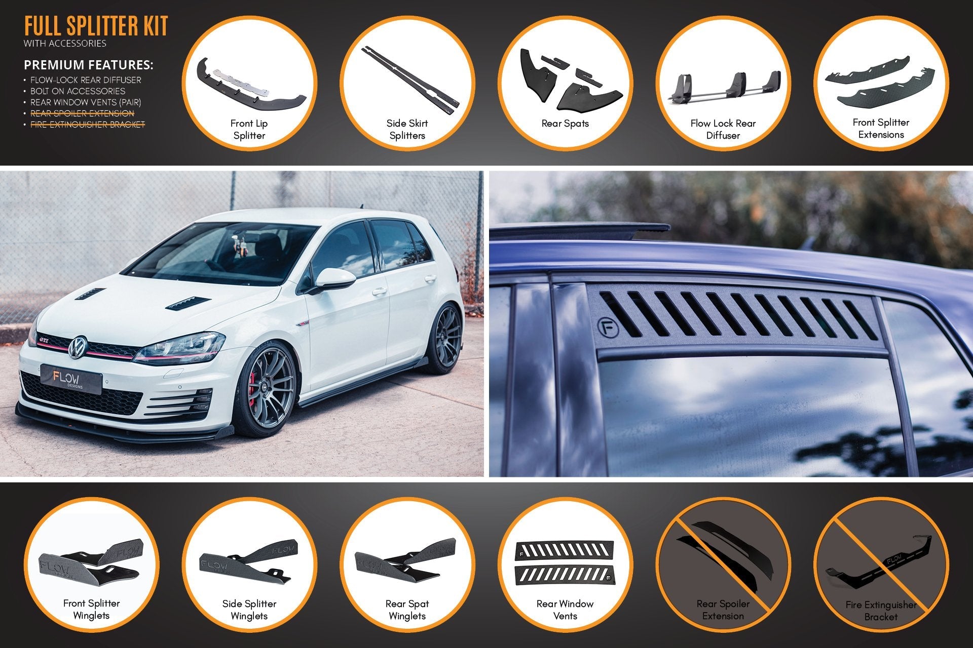 Flow Designs MK7 Golf GTI Full Lip Splitter Set with Flow-Lock Rear Diffuser - iilumolab