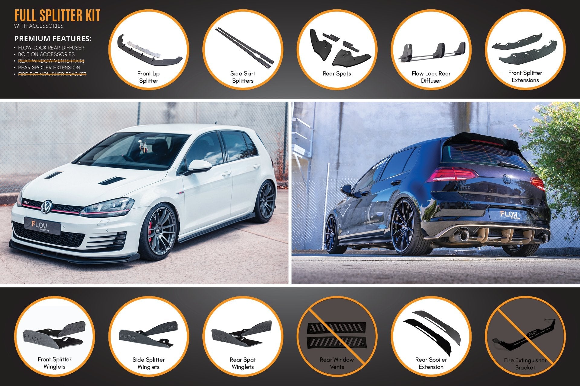 Flow Designs MK7 Golf GTI Full Lip Splitter Set with Flow-Lock Rear Diffuser - iilumolab