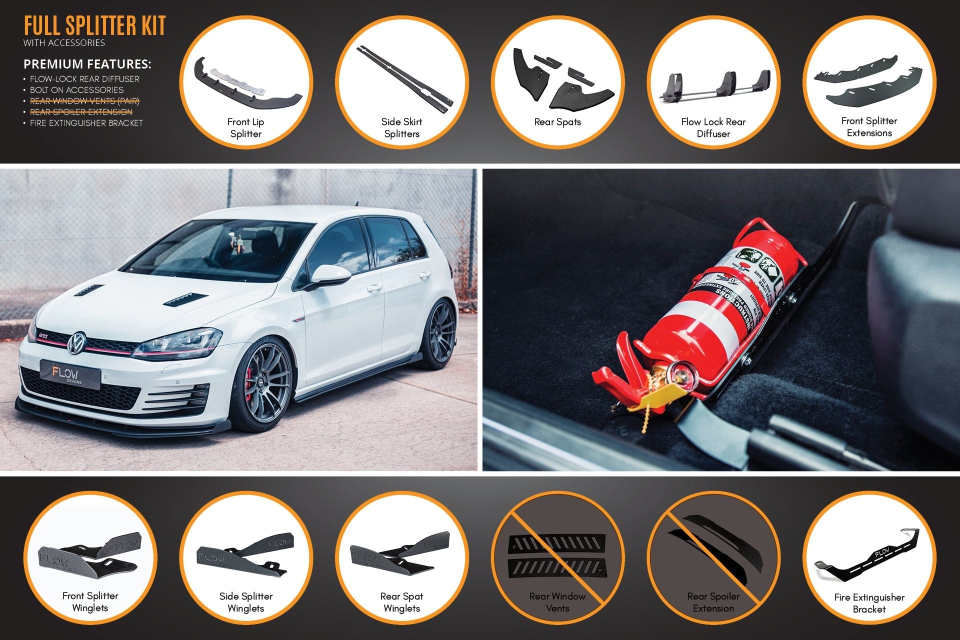 Flow Designs MK7 Golf GTI Full Lip Splitter Set with Flow-Lock Rear Diffuser - iilumolab