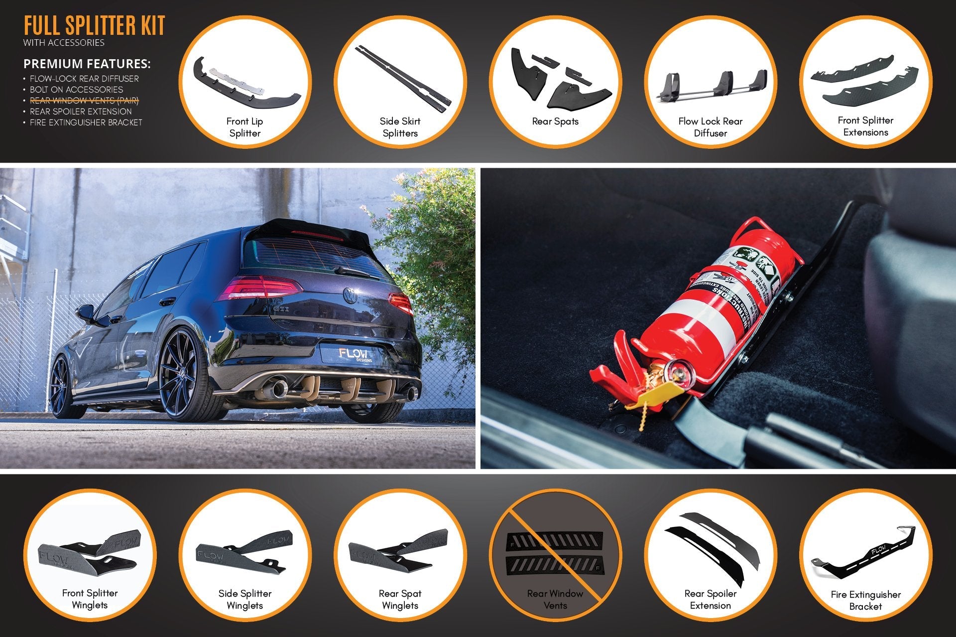 Flow Designs MK7 Golf GTI Full Lip Splitter Set with Flow-Lock Rear Diffuser - iilumolab