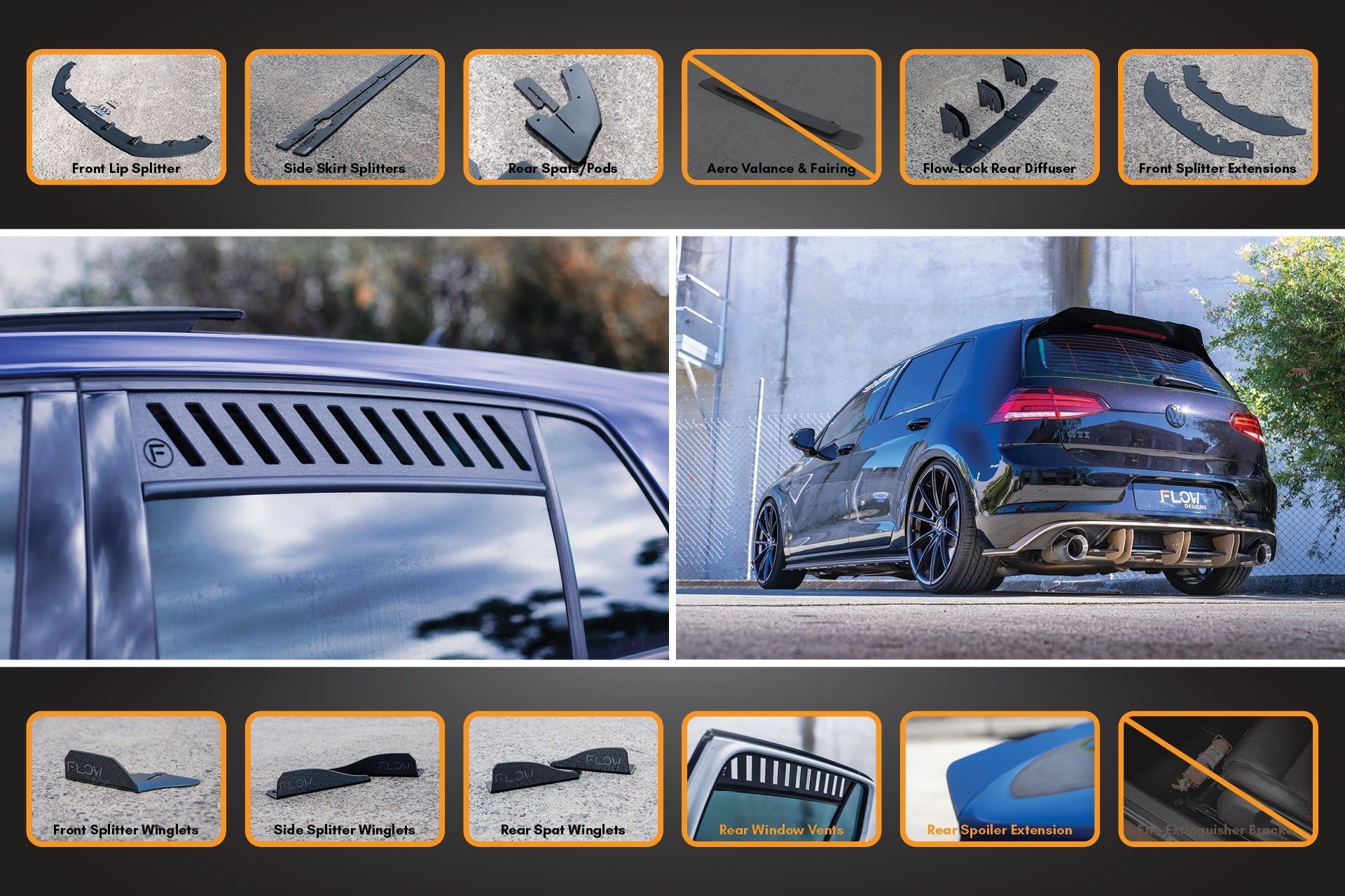 Flow Designs MK7.5 Golf GTI Full Lip Splitter Set with Flow-Lock Rear Diffuser - iilumolab