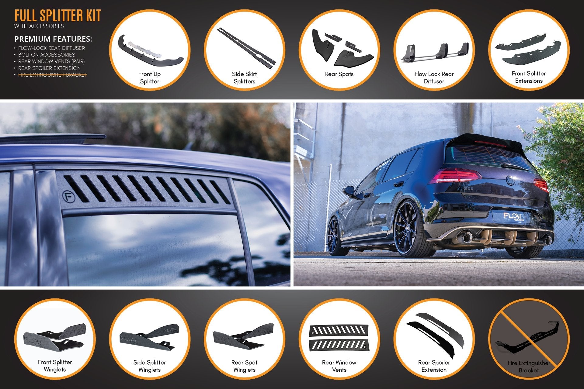 Flow Designs MK7 Golf GTI Full Lip Splitter Set with Flow-Lock Rear Diffuser - iilumolab
