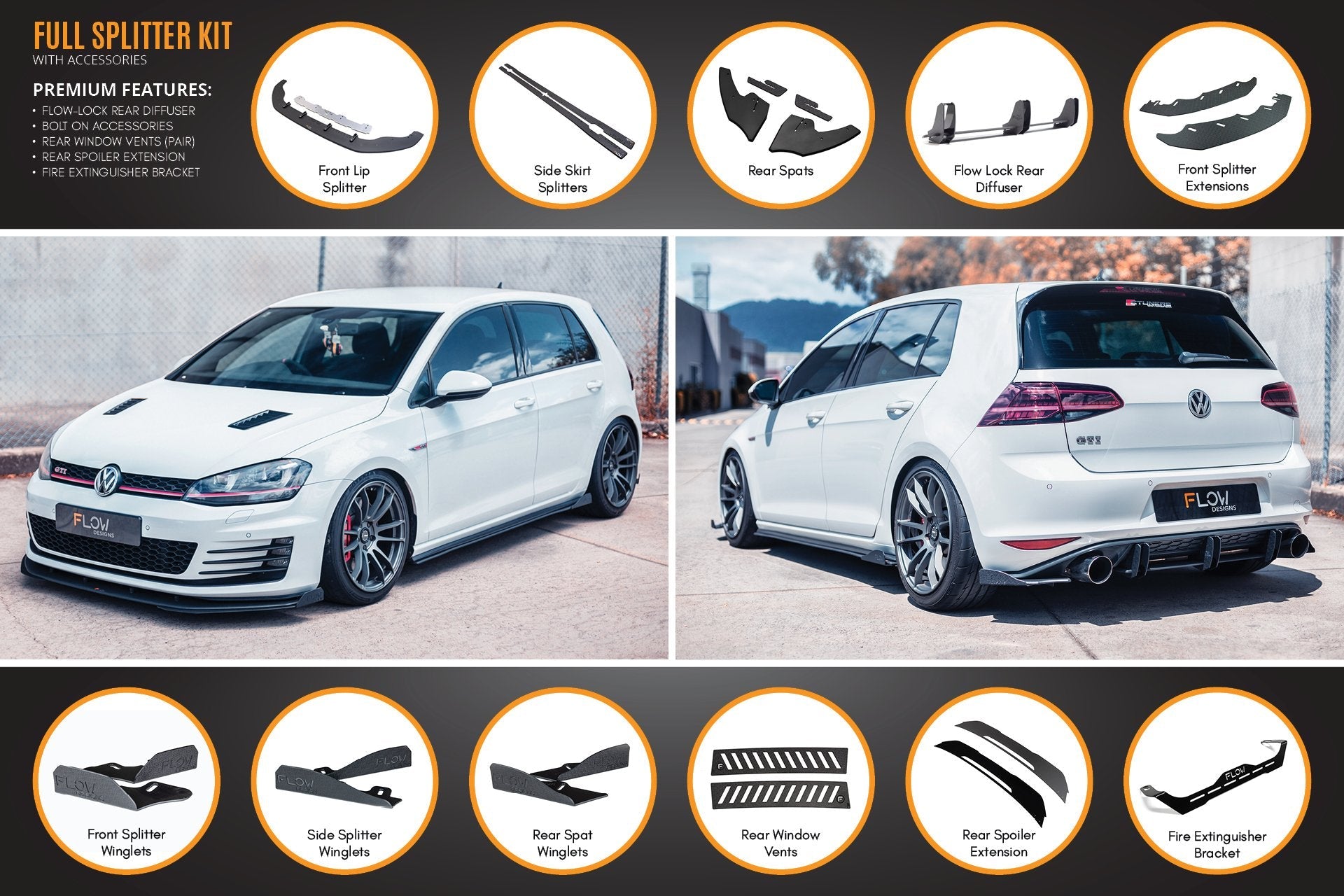 Flow Designs MK7 Golf GTI Full Lip Splitter Set with Flow-Lock Rear Diffuser - iilumolab