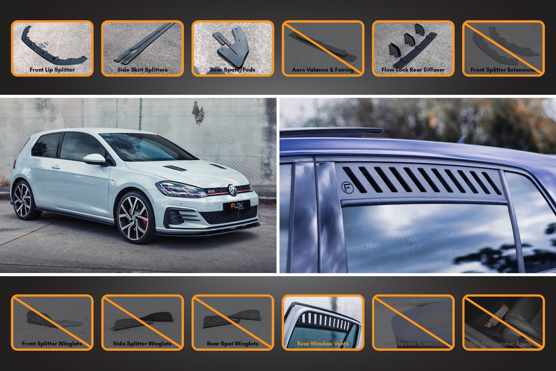 Flow Designs MK7.5 Golf GTI Full Lip Splitter Set with Flow-Lock Rear Diffuser - iilumolab