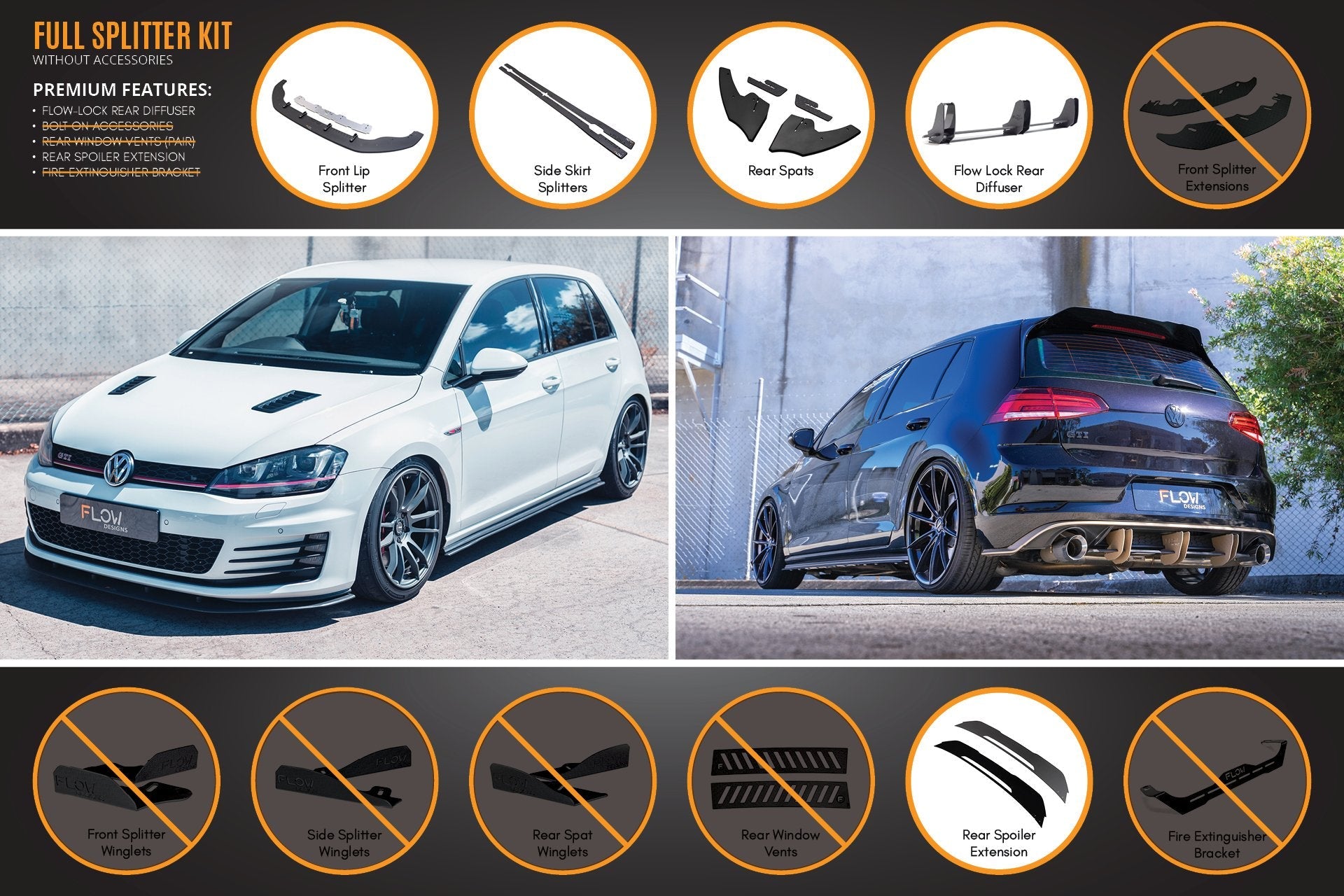 Flow Designs MK7 Golf GTI Full Lip Splitter Set with Flow-Lock Rear Diffuser - iilumolab