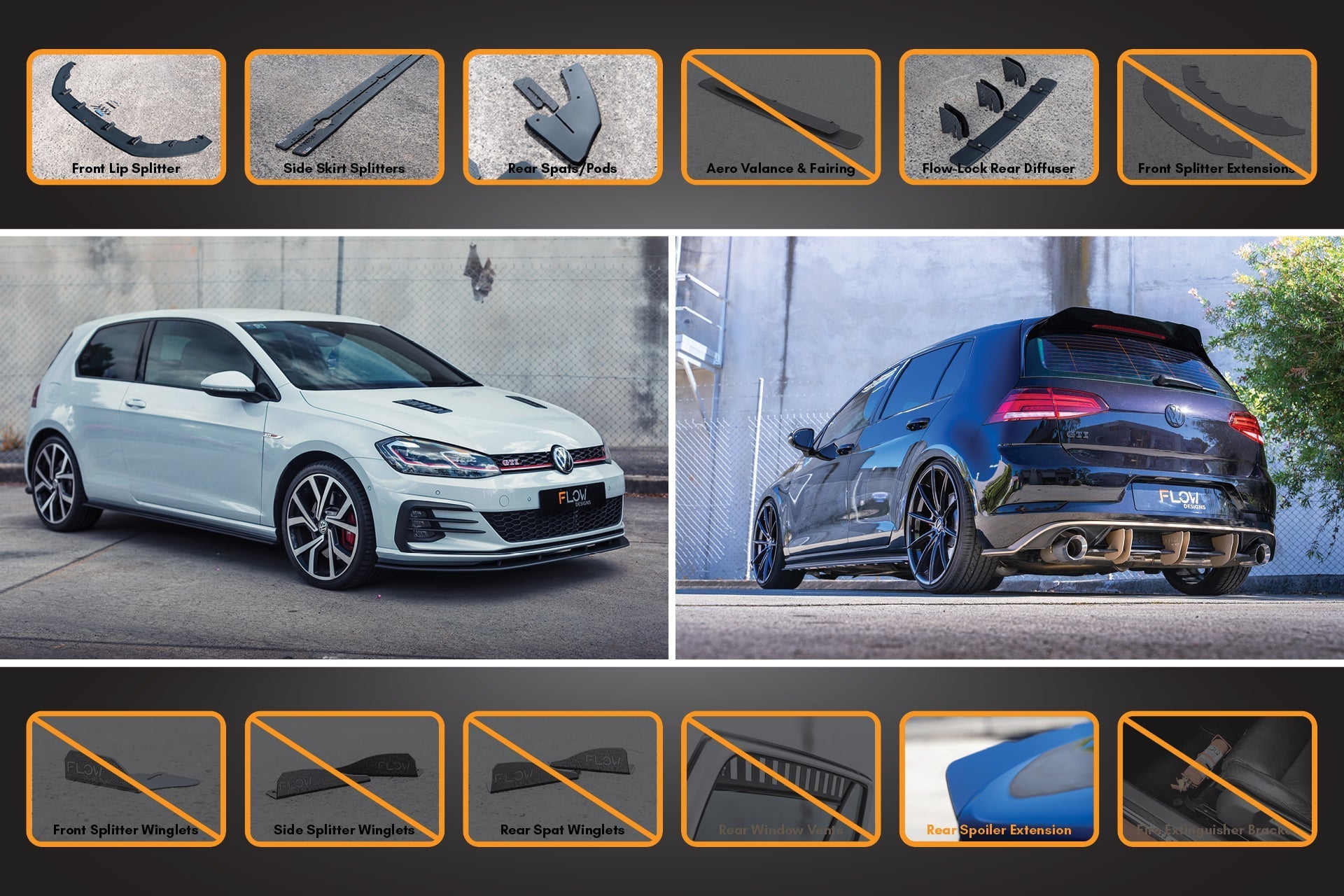 Flow Designs MK7.5 Golf GTI Full Lip Splitter Set with Flow-Lock Rear Diffuser - iilumolab