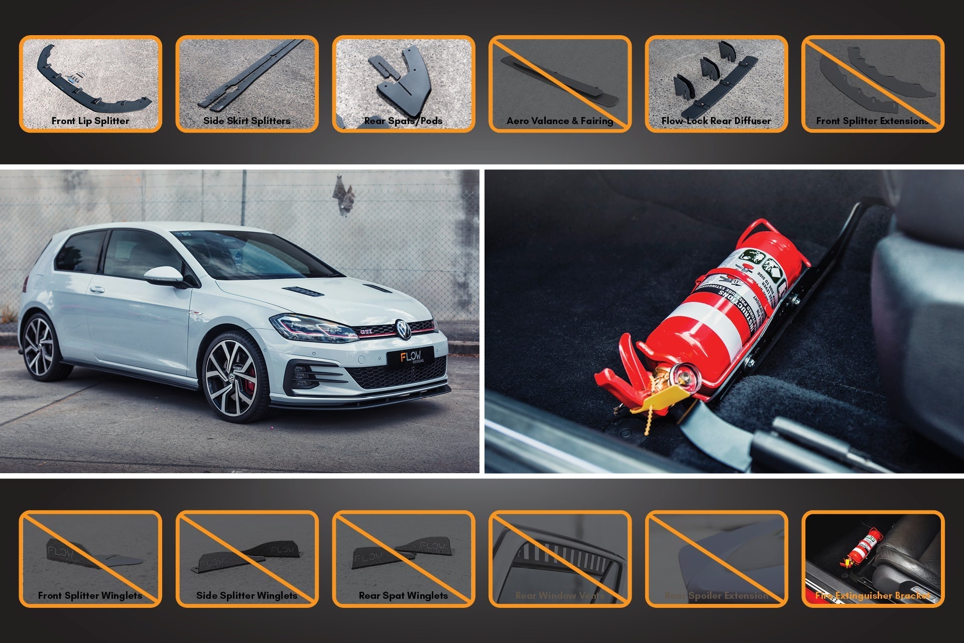 Flow Designs MK7.5 Golf GTI Full Lip Splitter Set with Flow-Lock Rear Diffuser - iilumolab