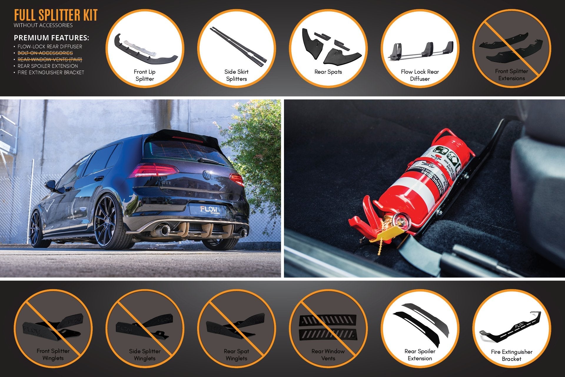 Flow Designs MK7 Golf GTI Full Lip Splitter Set with Flow-Lock Rear Diffuser - iilumolab