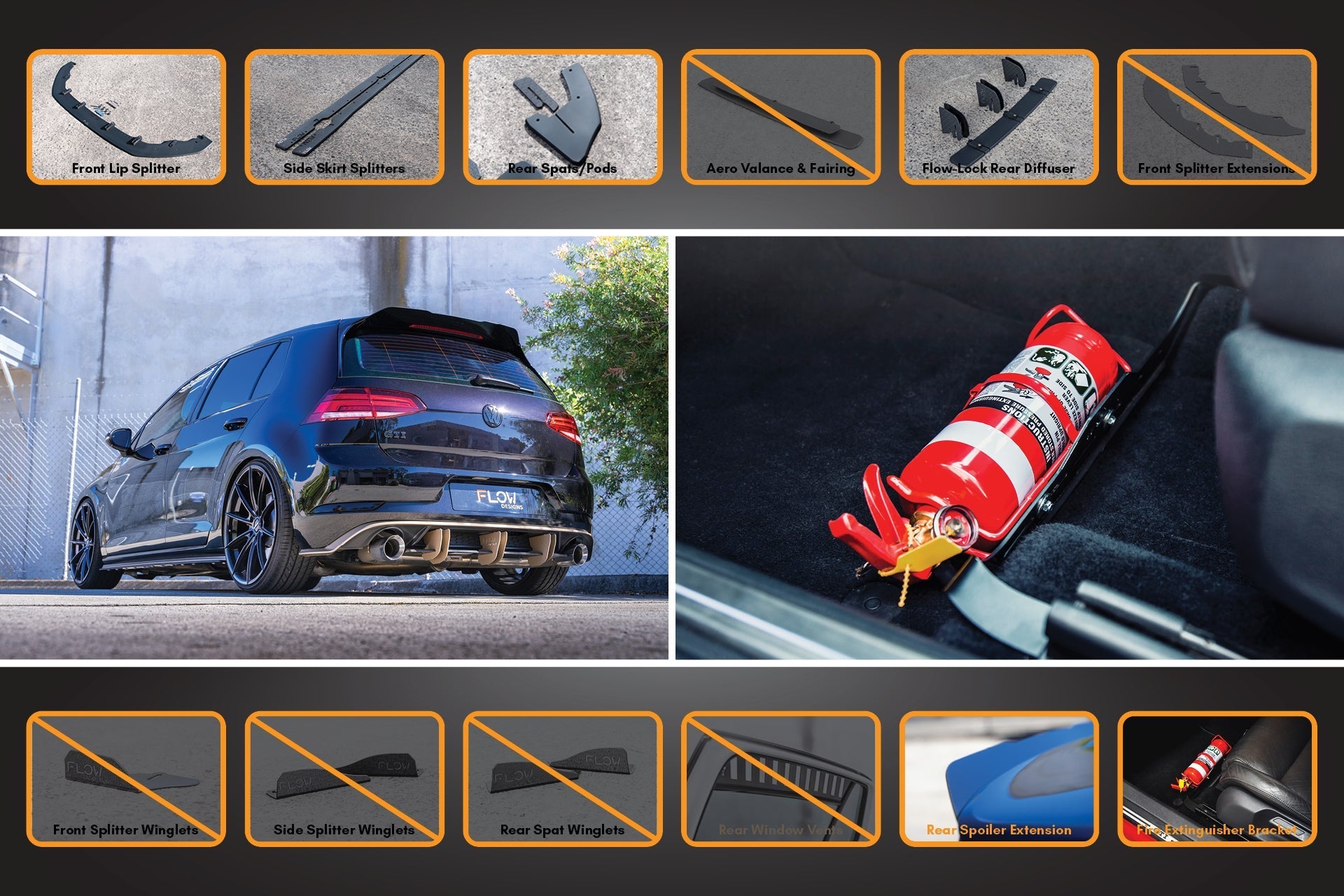 Flow Designs MK7.5 Golf GTI Full Lip Splitter Set with Flow-Lock Rear Diffuser - iilumolab