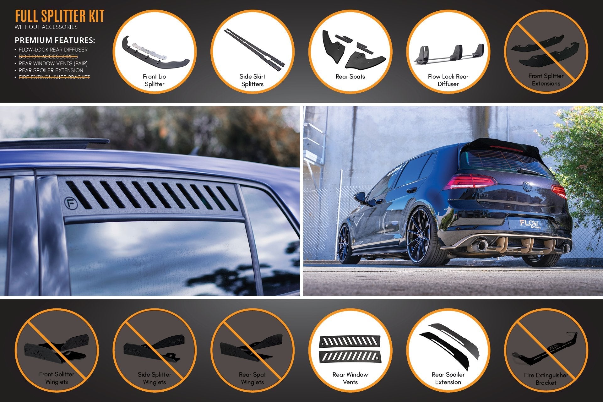 Flow Designs MK7 Golf GTI Full Lip Splitter Set with Flow-Lock Rear Diffuser - iilumolab