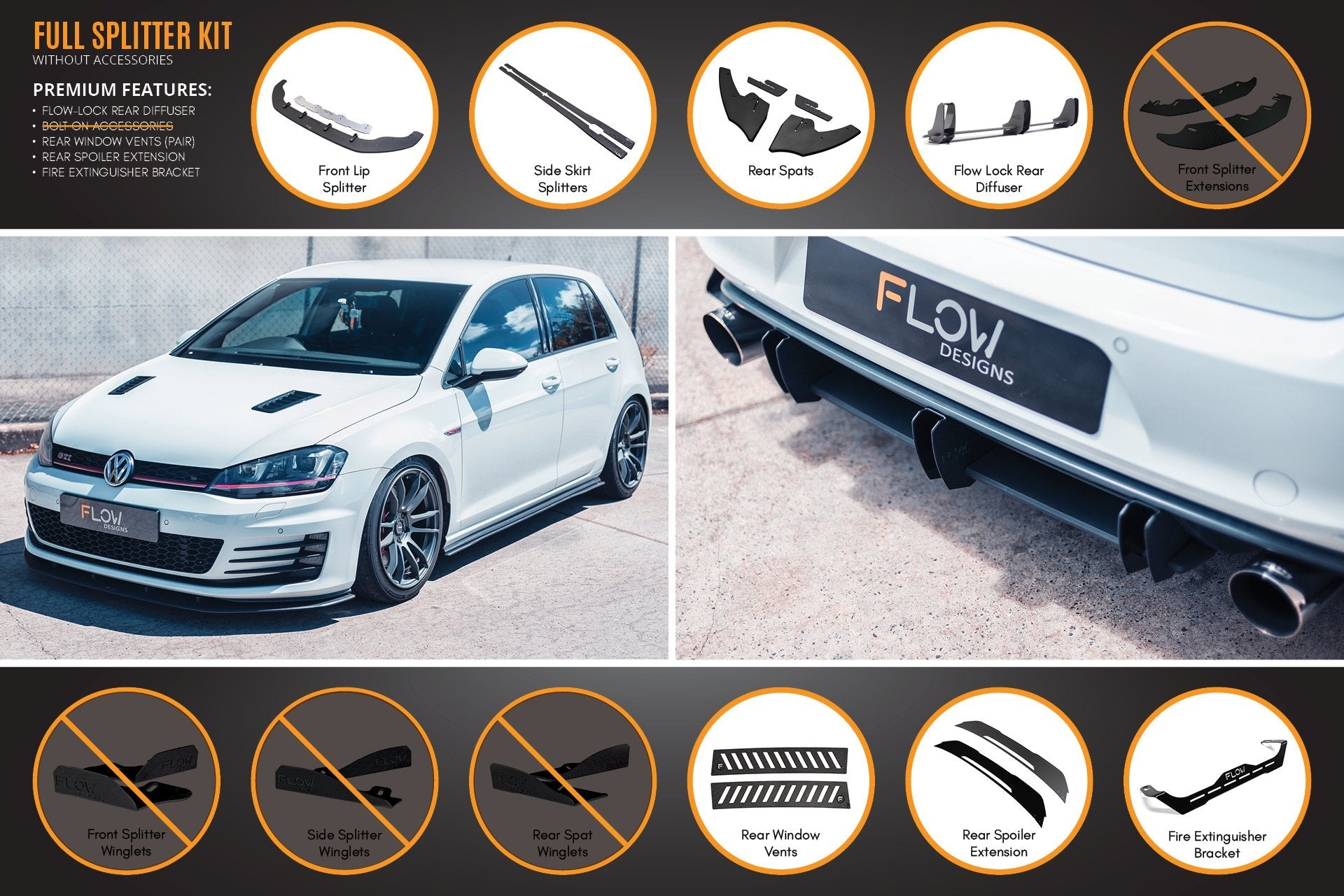 Flow Designs MK7 Golf GTI Full Lip Splitter Set with Flow-Lock Rear Diffuser - iilumolab