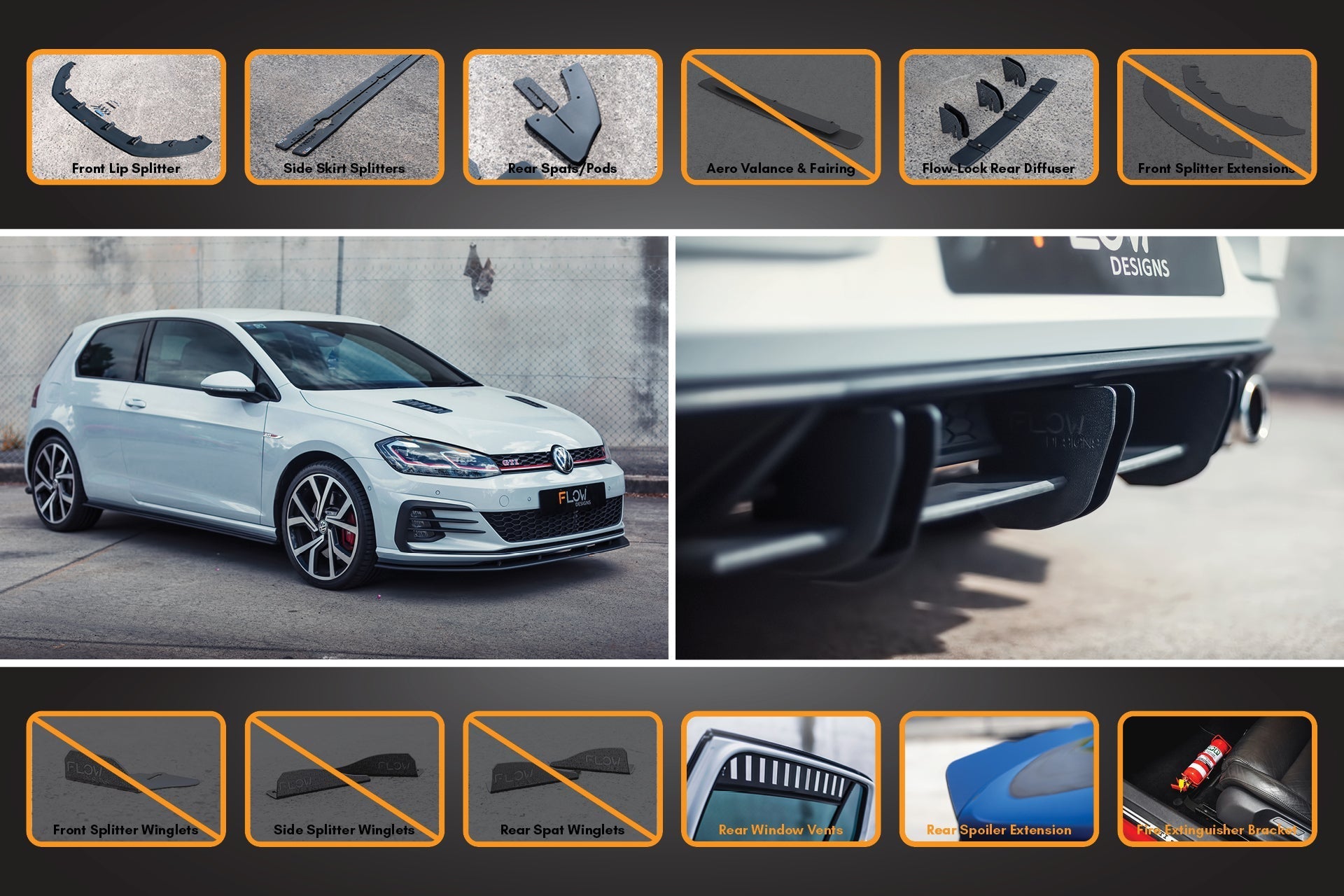 Flow Designs MK7.5 Golf GTI Full Lip Splitter Set with Flow-Lock Rear Diffuser - iilumolab