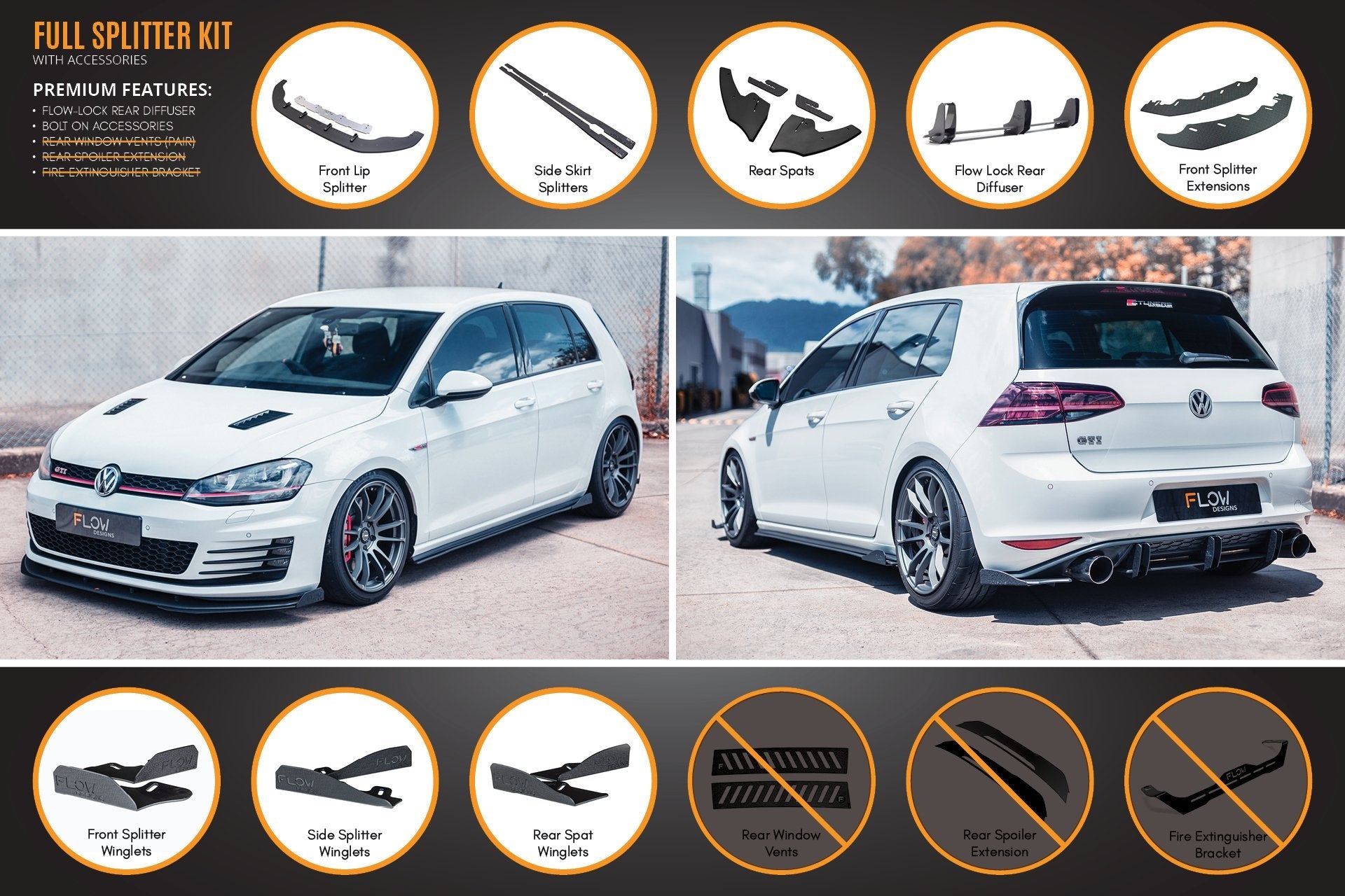 Flow Designs MK7 Golf GTI Full Lip Splitter Set with Flow-Lock Rear Diffuser - iilumolab