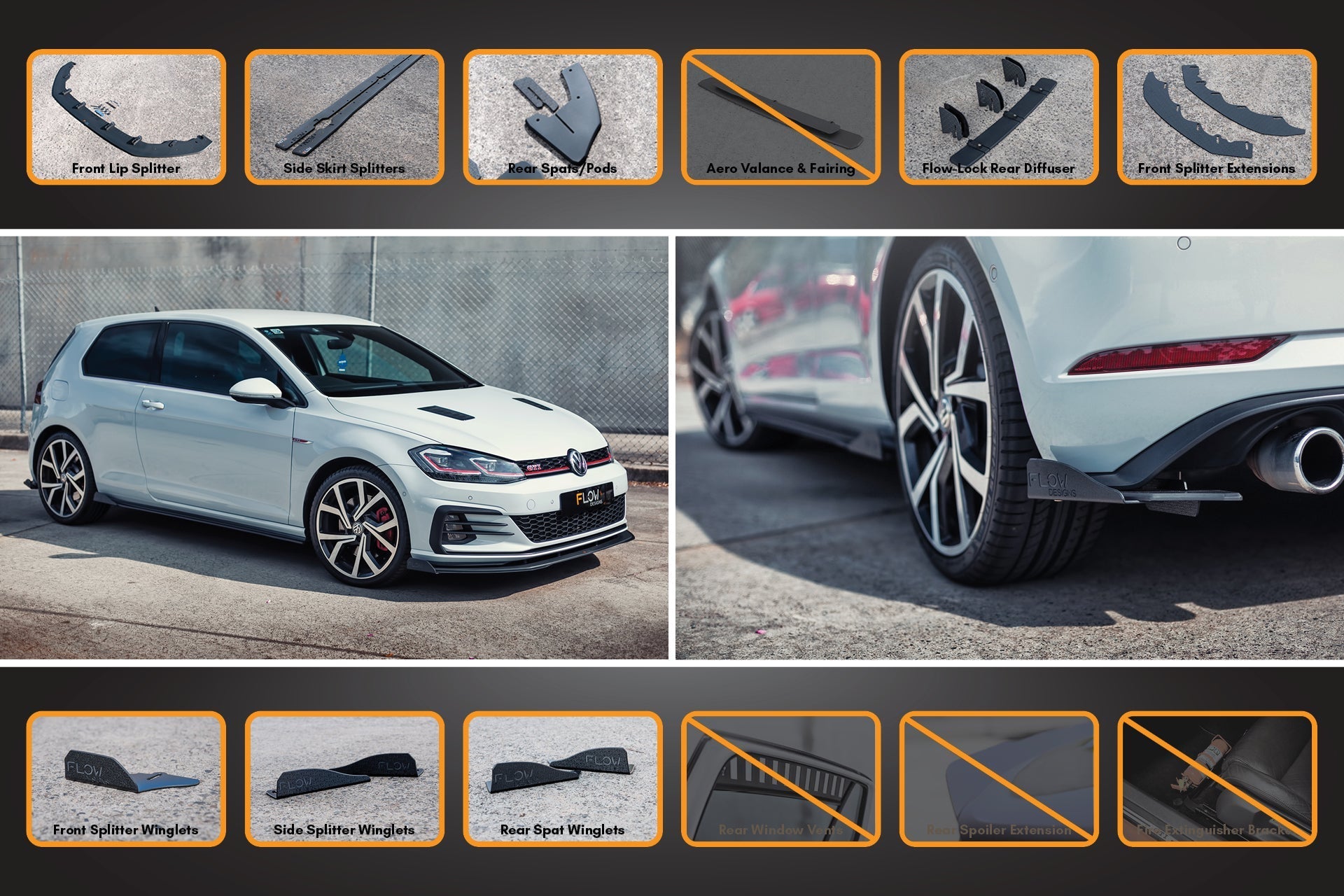 Flow Designs MK7.5 Golf GTI Full Lip Splitter Set with Flow-Lock Rear Diffuser - iilumolab