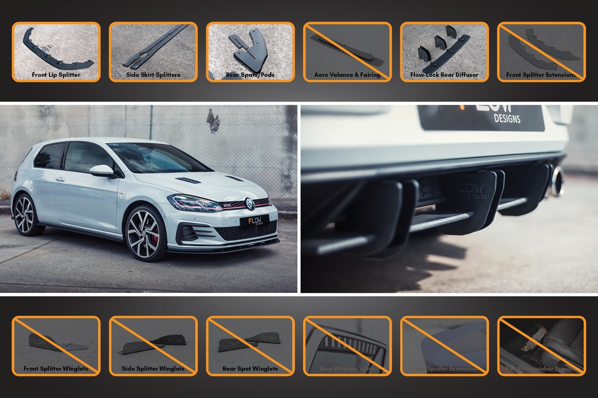 Flow Designs MK7.5 Golf GTI Full Lip Splitter Set with Flow-Lock Rear Diffuser - iilumolab