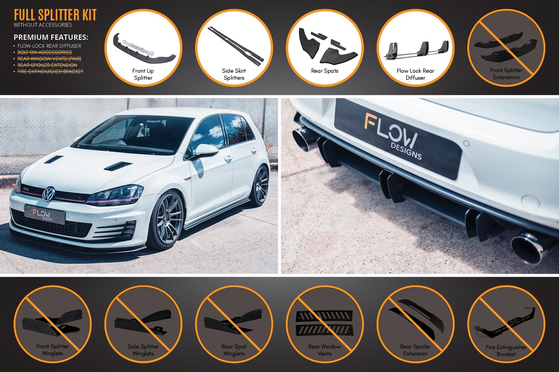 Flow Designs MK7 Golf GTI Full Lip Splitter Set with Flow-Lock Rear Diffuser - iilumolab