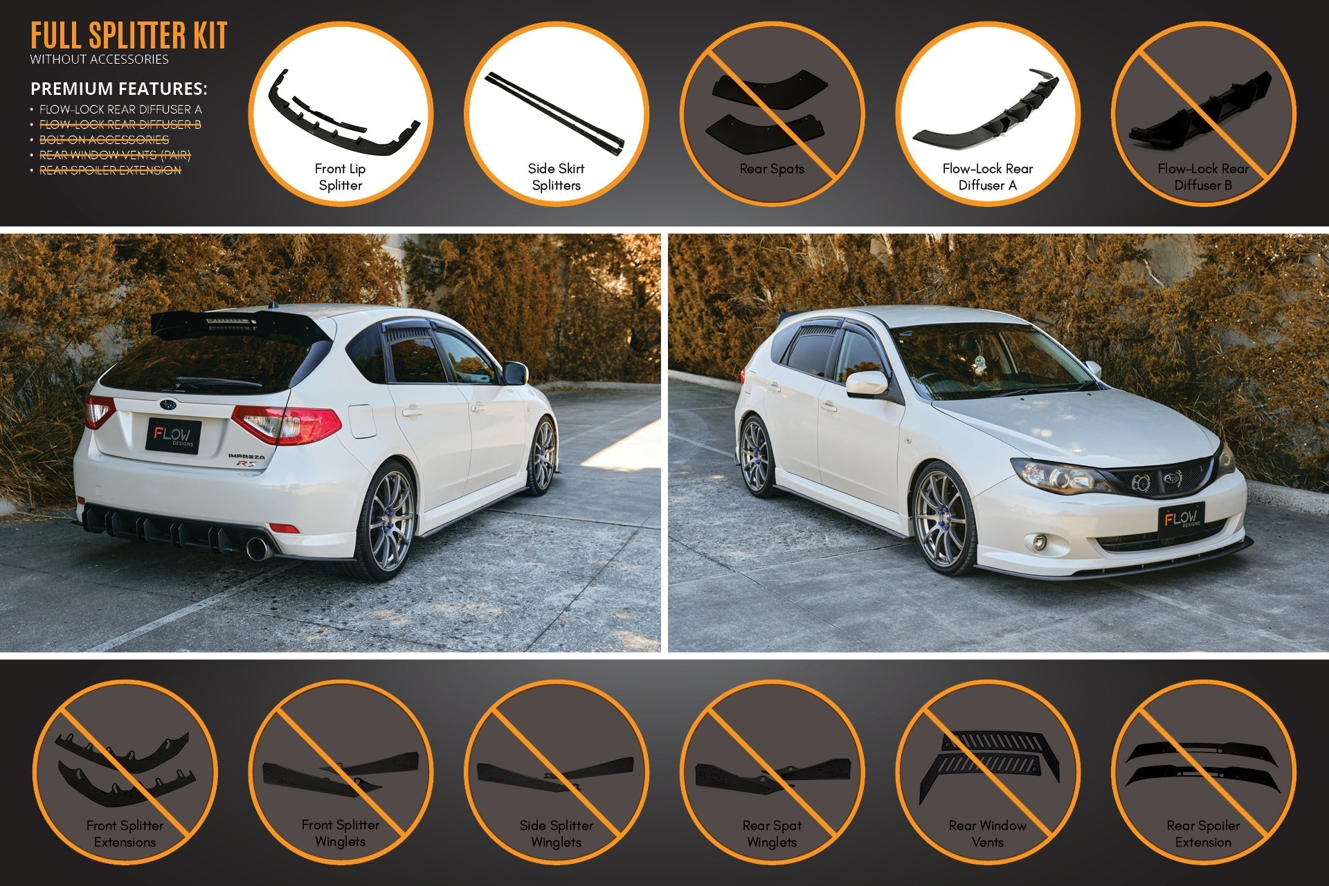 Flow Designs Impreza WRX/RS G3 Hatch PFL Full Lip Splitter Set - iilumolab