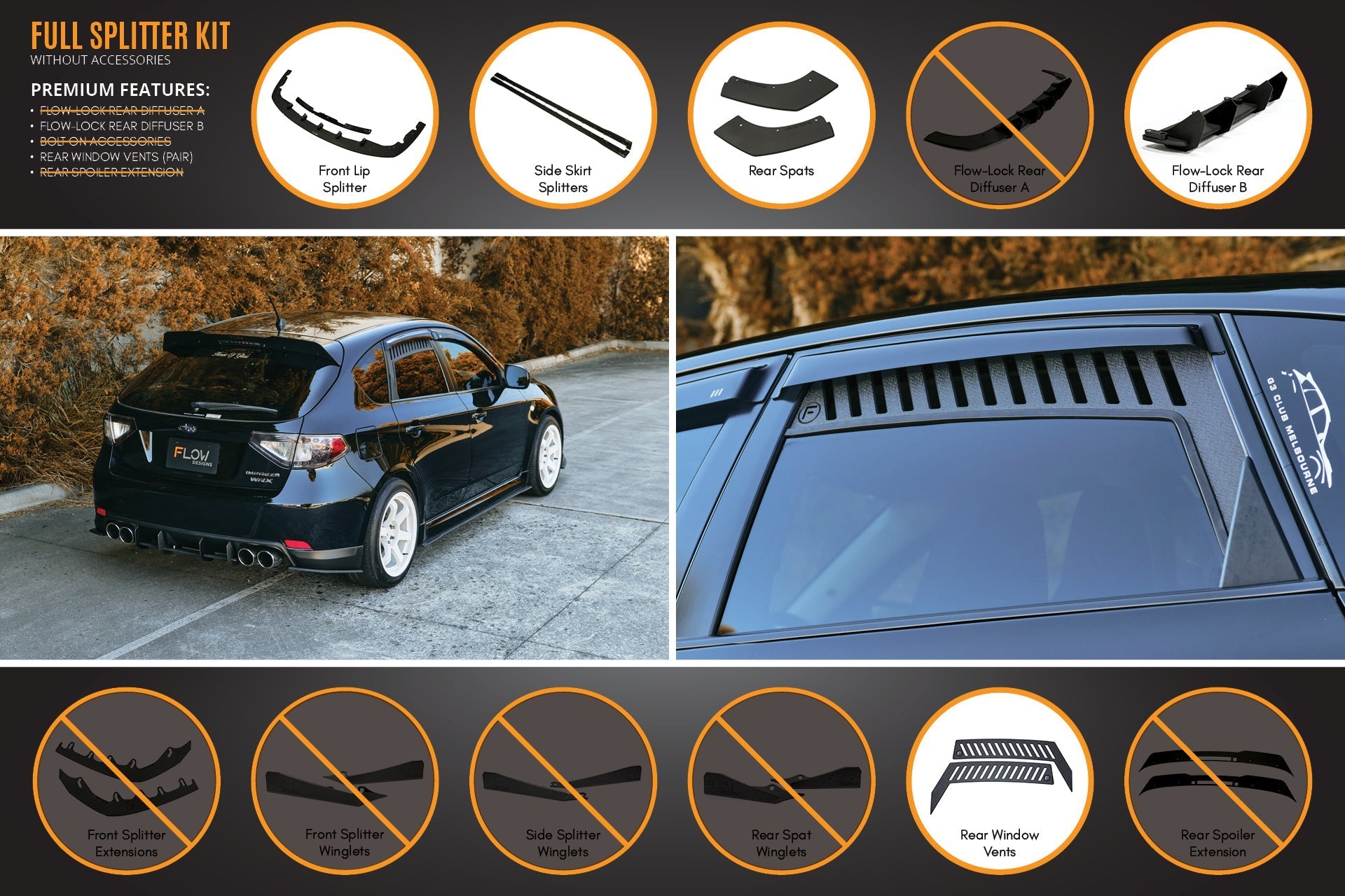 Flow Designs Impreza WRX/RS G3 Hatch PFL Full Lip Splitter Set - iilumolab