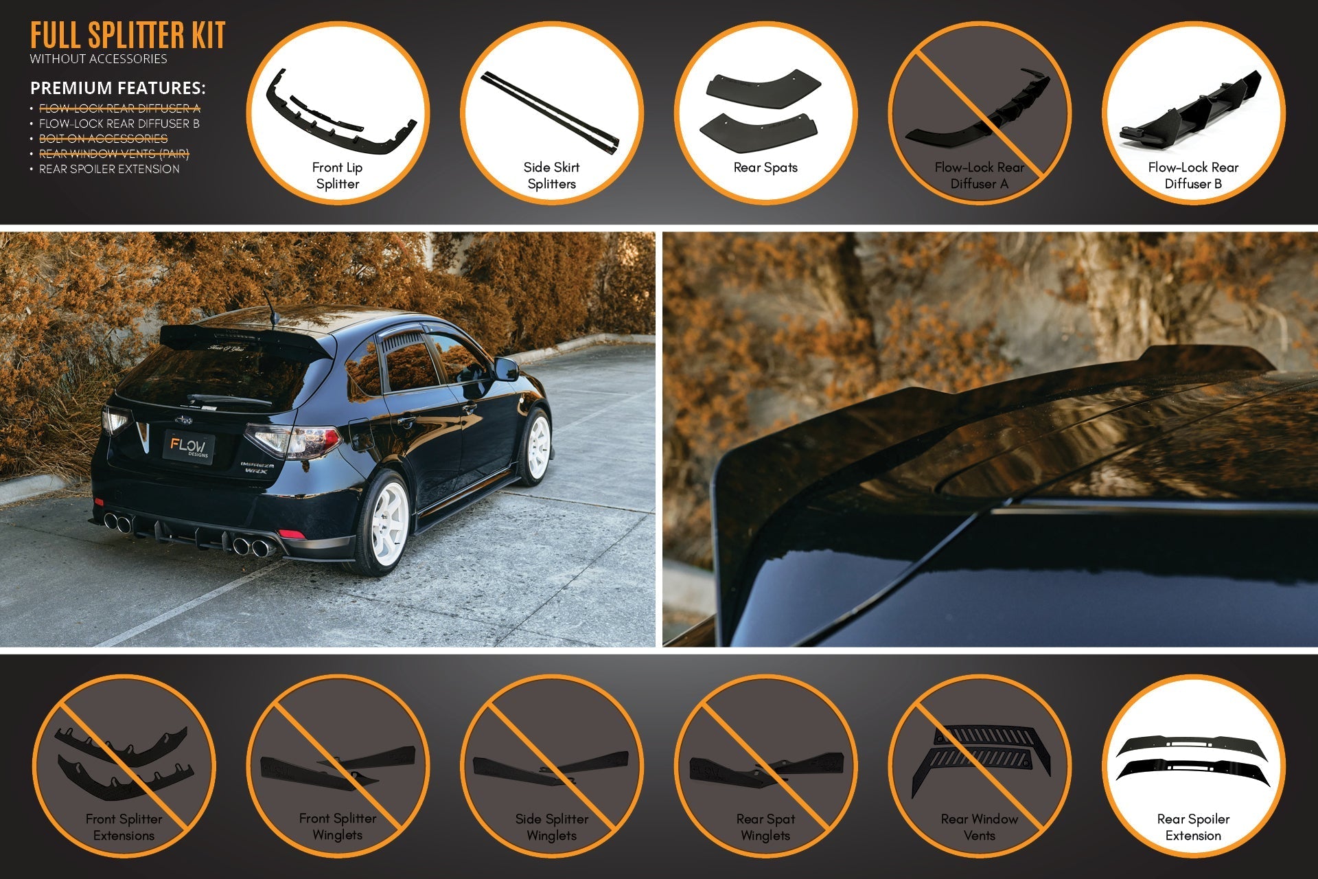 Flow Designs Impreza WRX/RS G3 Hatch PFL Full Lip Splitter Set - iilumolab