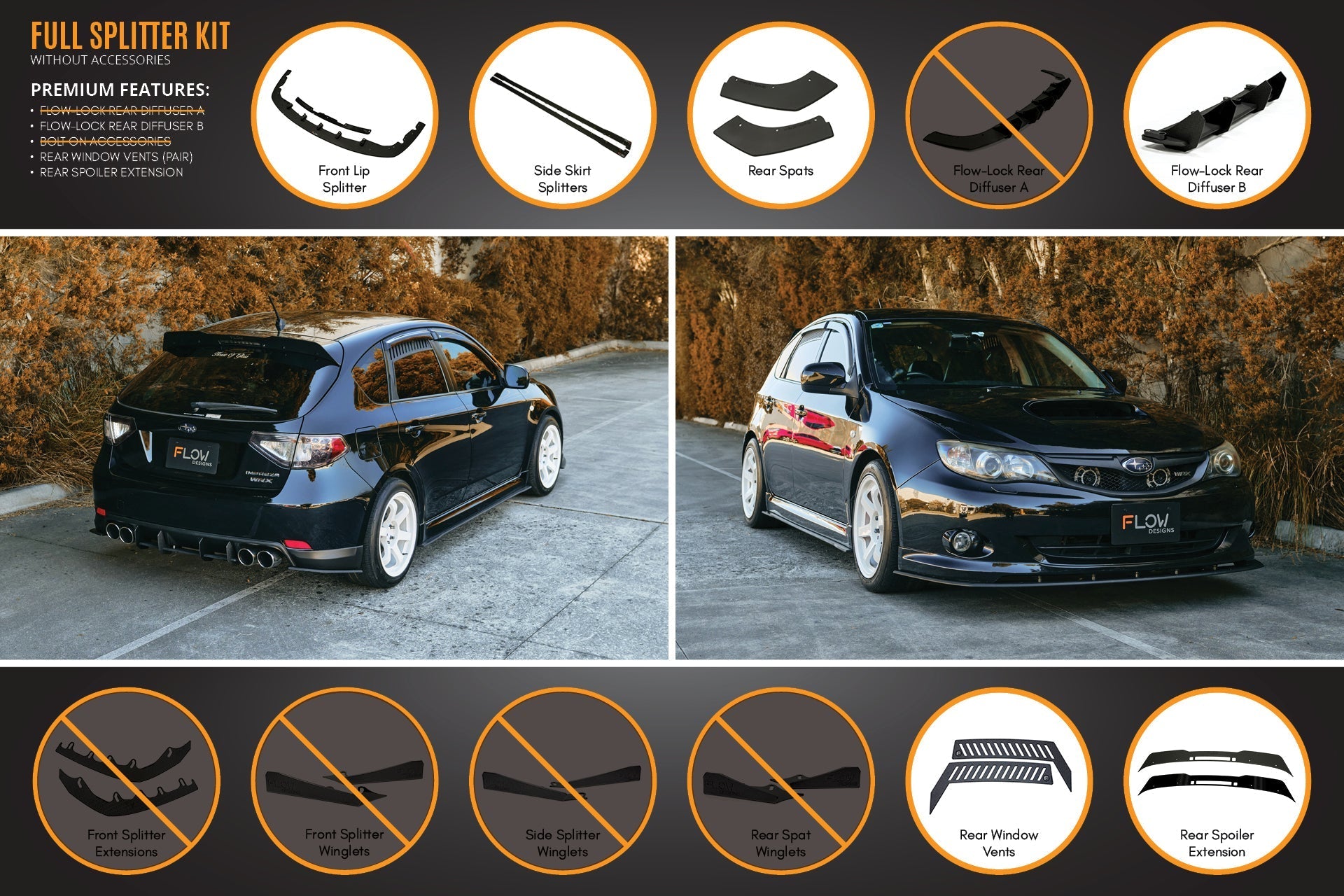Flow Designs Impreza WRX/RS G3 Hatch PFL Full Lip Splitter Set - iilumolab