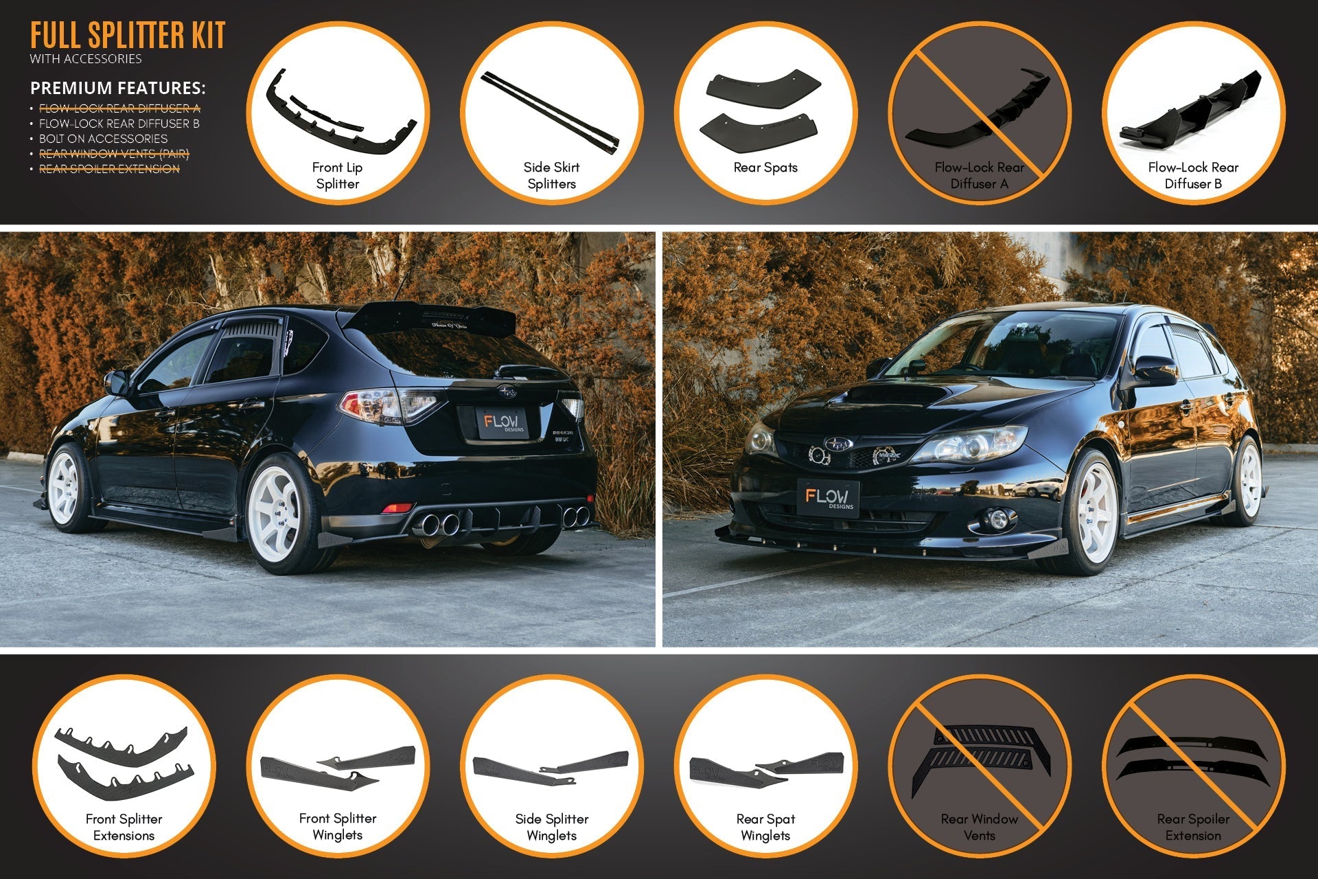Flow Designs Impreza WRX/RS G3 Hatch PFL Full Lip Splitter Set - iilumolab