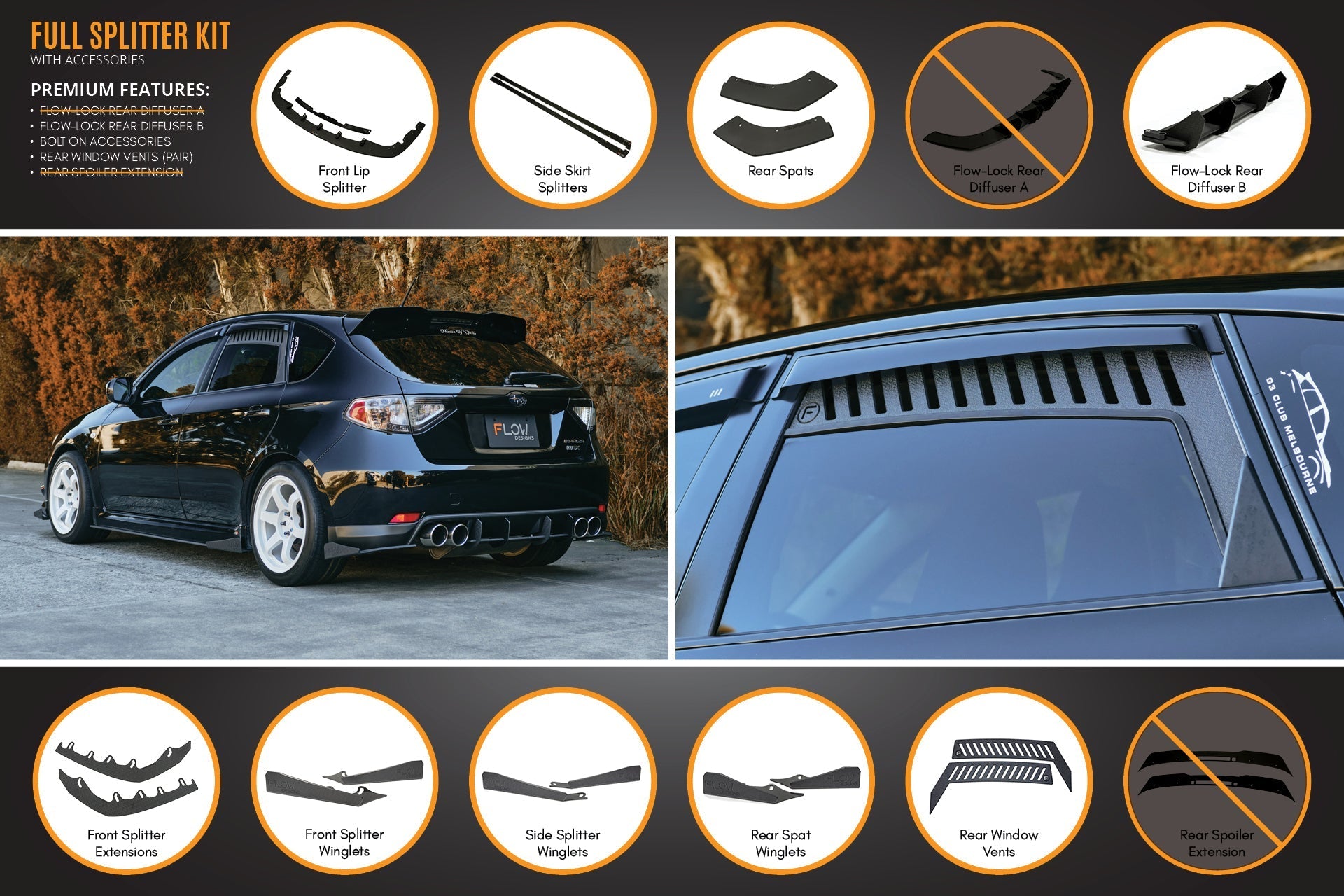 Flow Designs Impreza WRX/RS G3 Hatch PFL Full Lip Splitter Set - iilumolab